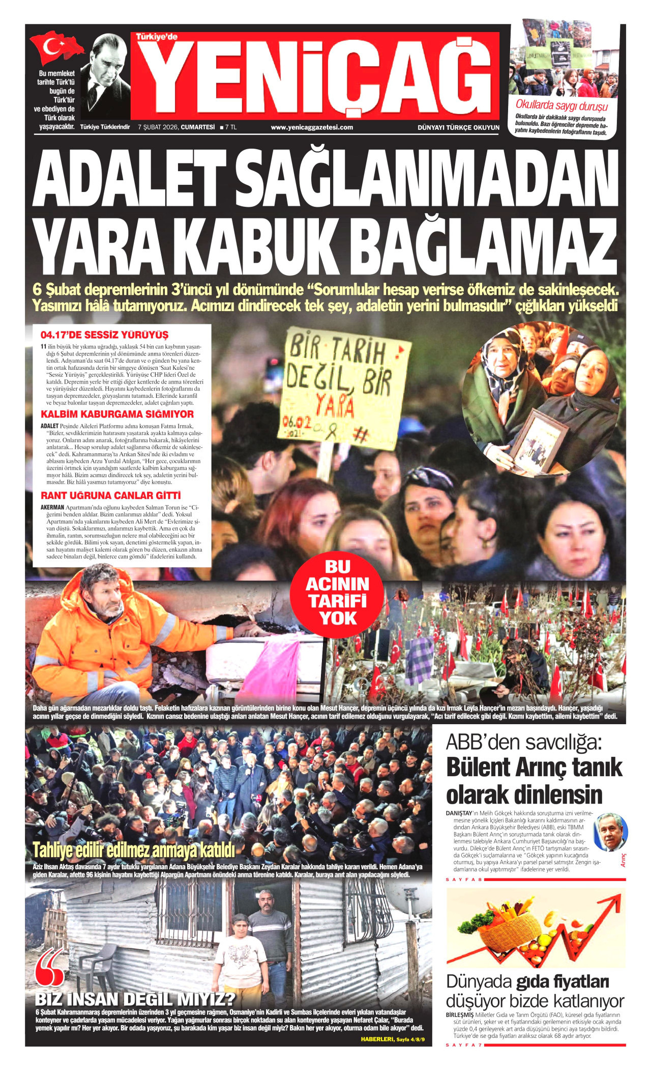 YENİÇAĞ gazetesinin 7 Şubat 2026 tarihli birinci sayfası