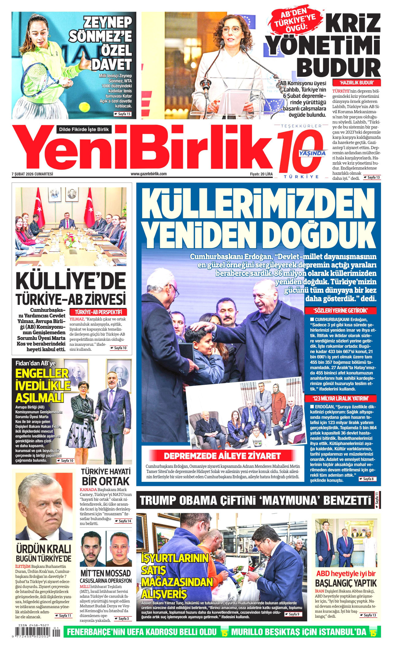 YENİBİRLİK gazetesinin 7 Şubat 2026 tarihli birinci sayfası