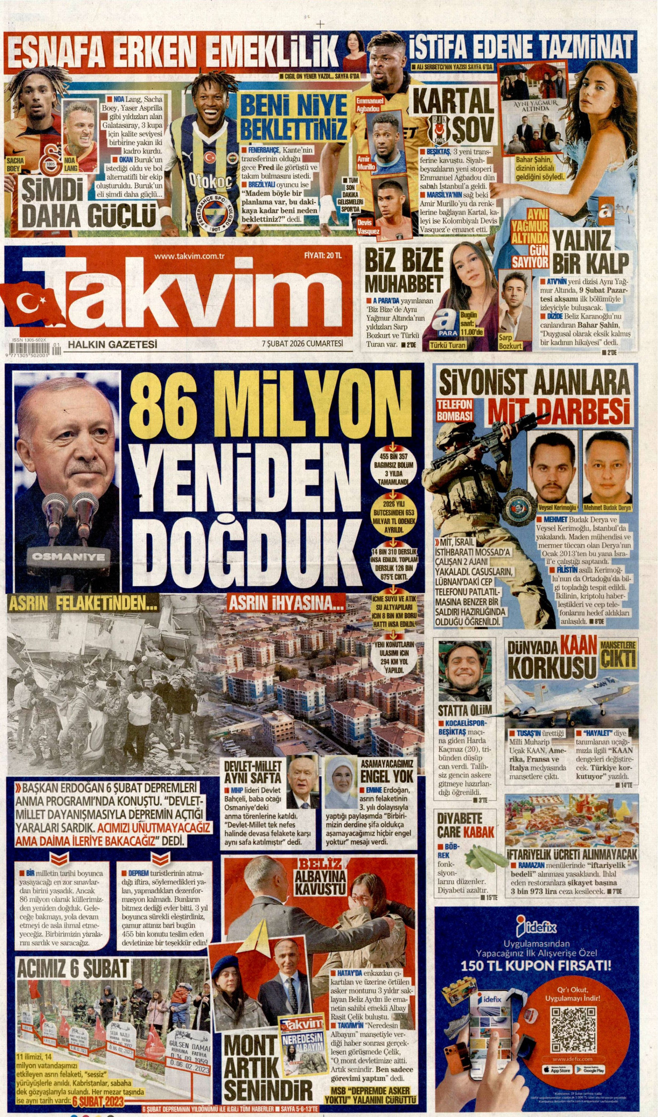 TAKVİM gazetesinin 7 Şubat 2026 tarihli birinci sayfası