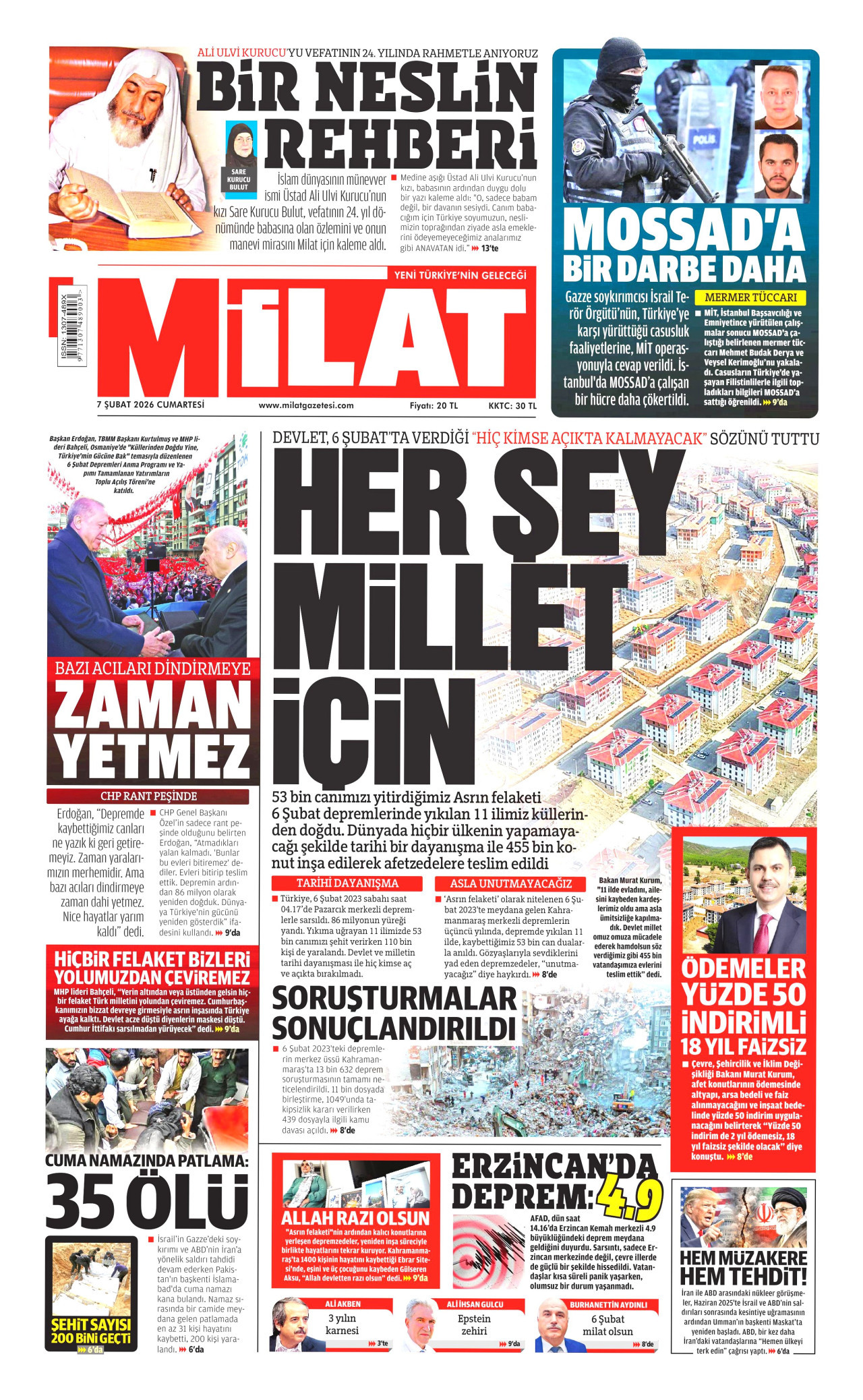 MİLAT gazetesinin 7 Şubat 2026 tarihli birinci sayfası