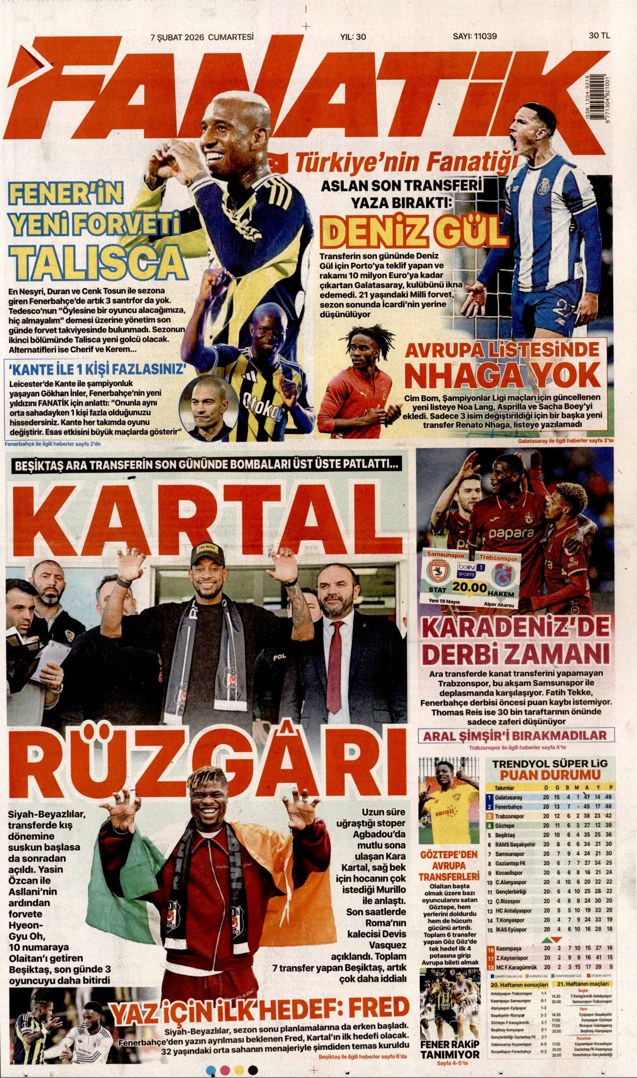 FANATİK gazetesinin 7 Şubat 2026 tarihli birinci sayfası