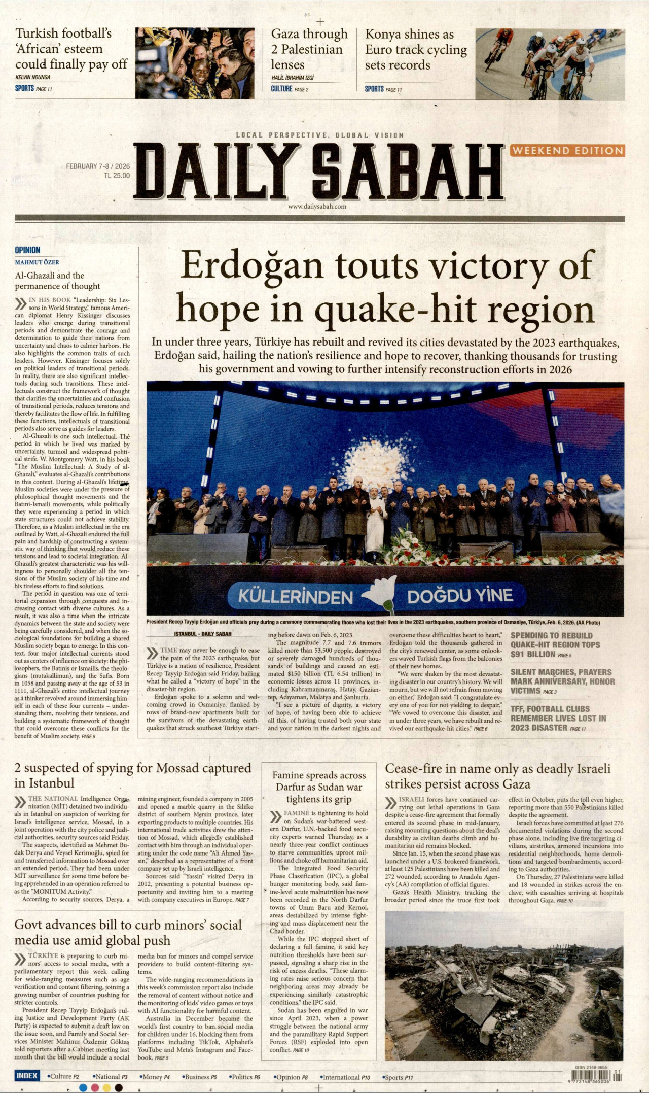 DAİLY SABAH gazetesinin 7 Şubat 2026 tarihli birinci sayfası