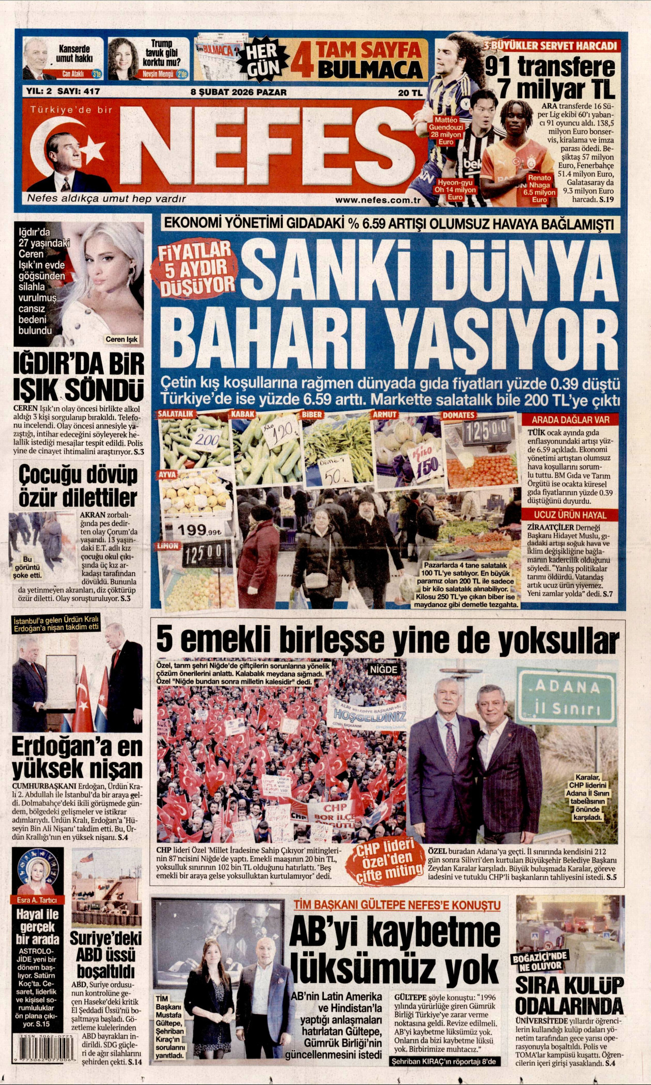 NEFES gazetesinin 8 Şubat 2026 tarihli birinci sayfası