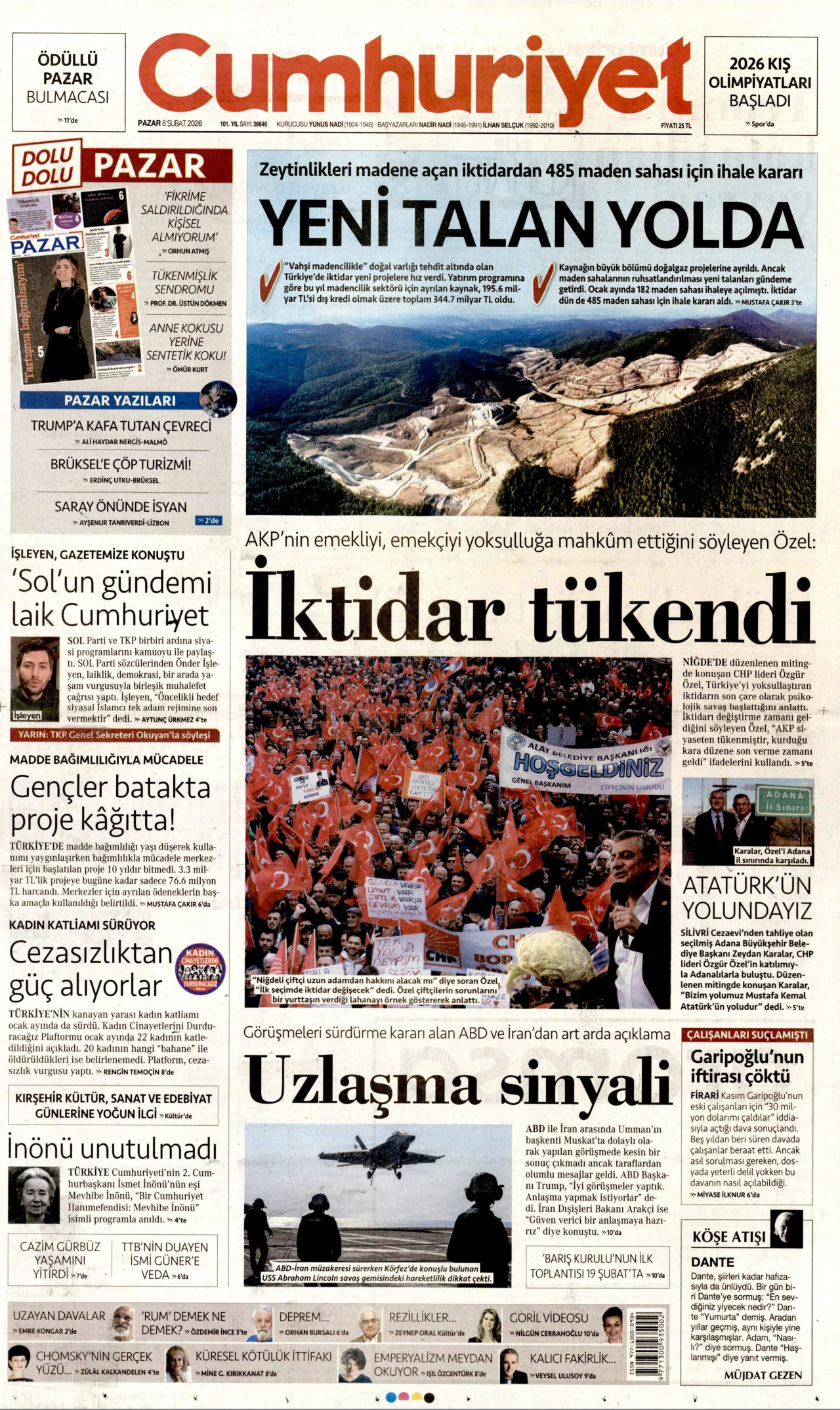 CUMHURİYET gazetesinin 8 Şubat 2026 tarihli birinci sayfası