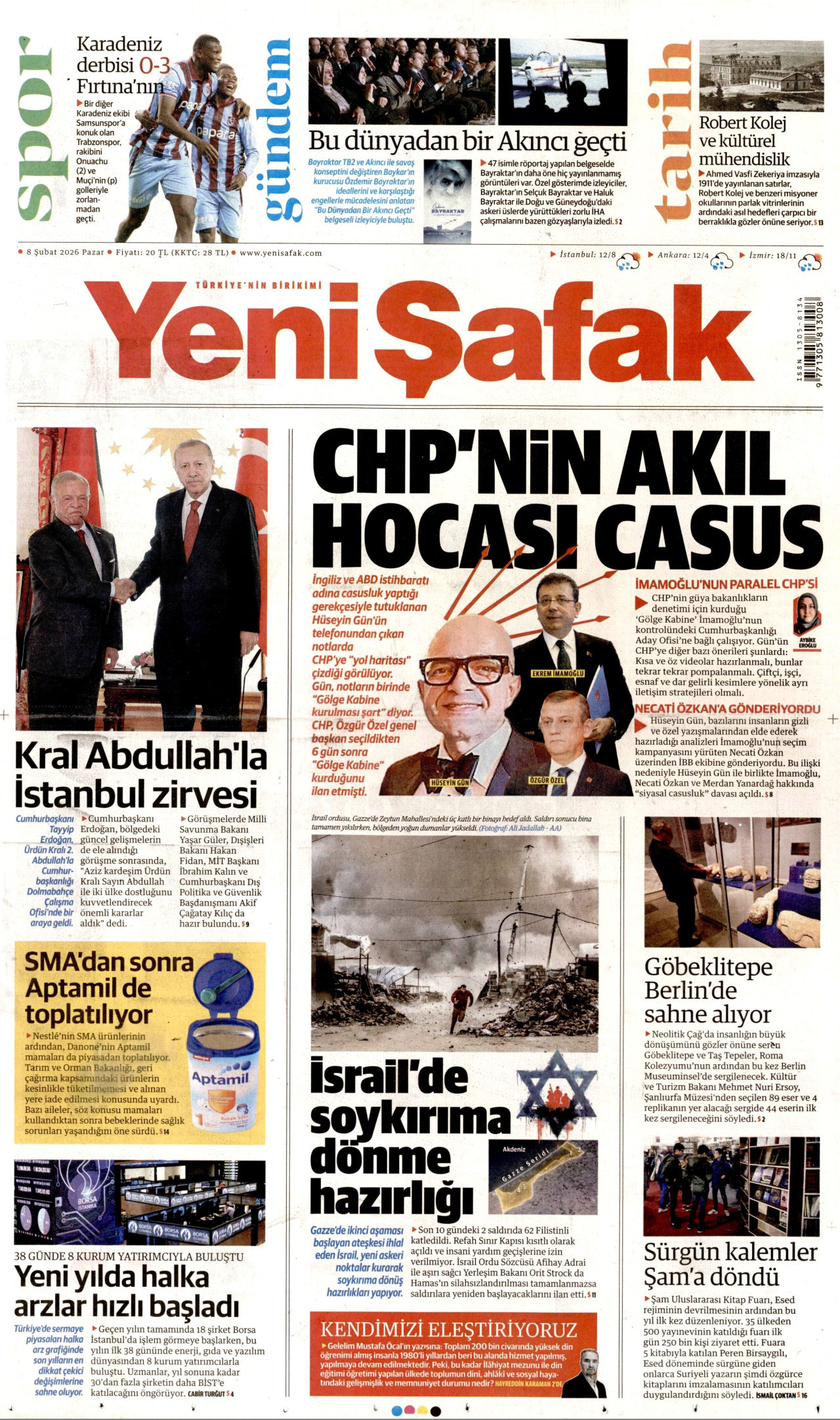 YENİ ŞAFAK gazetesinin 8 Şubat 2026 tarihli birinci sayfası