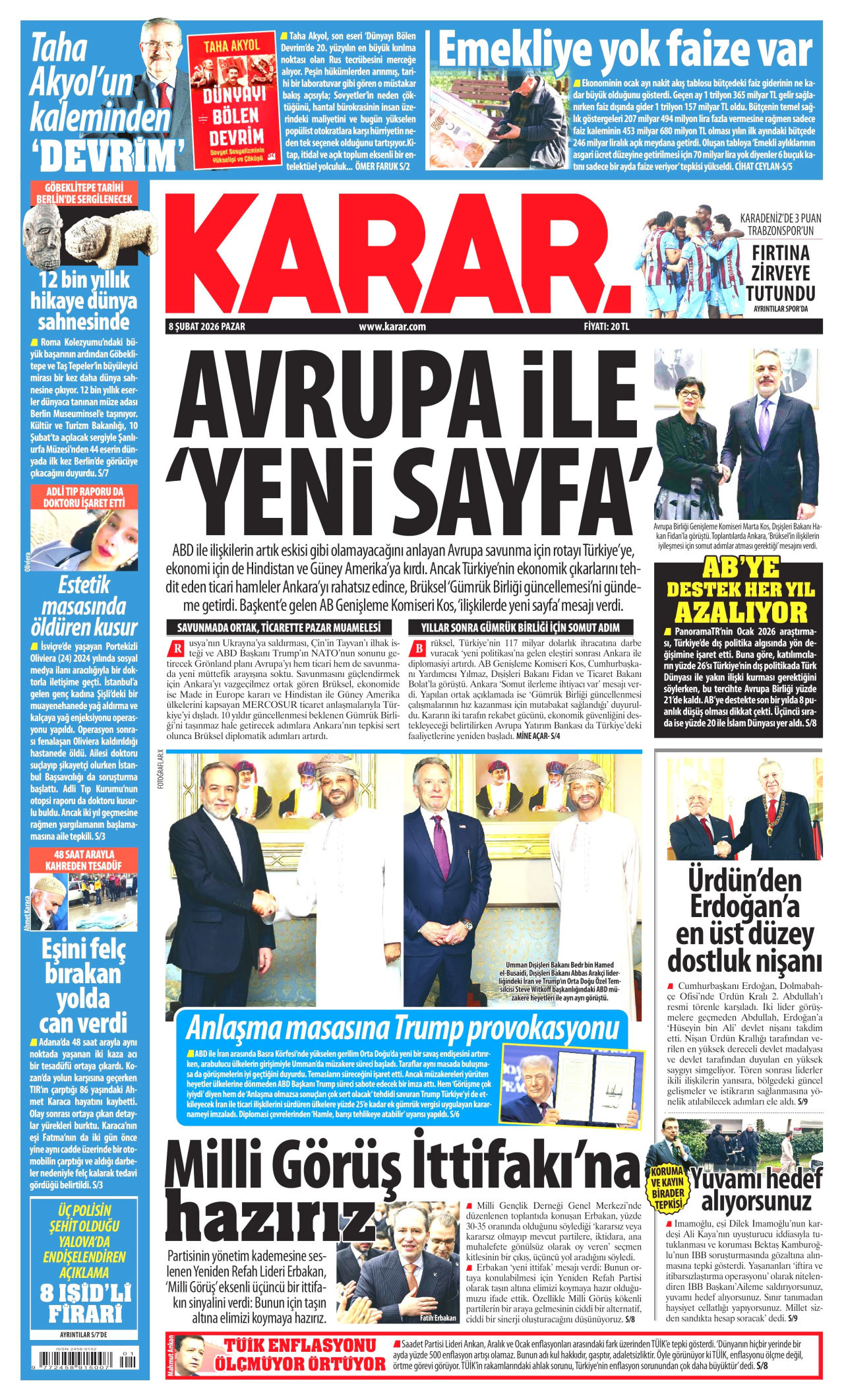 KARAR gazetesinin 8 Şubat 2026 tarihli birinci sayfası