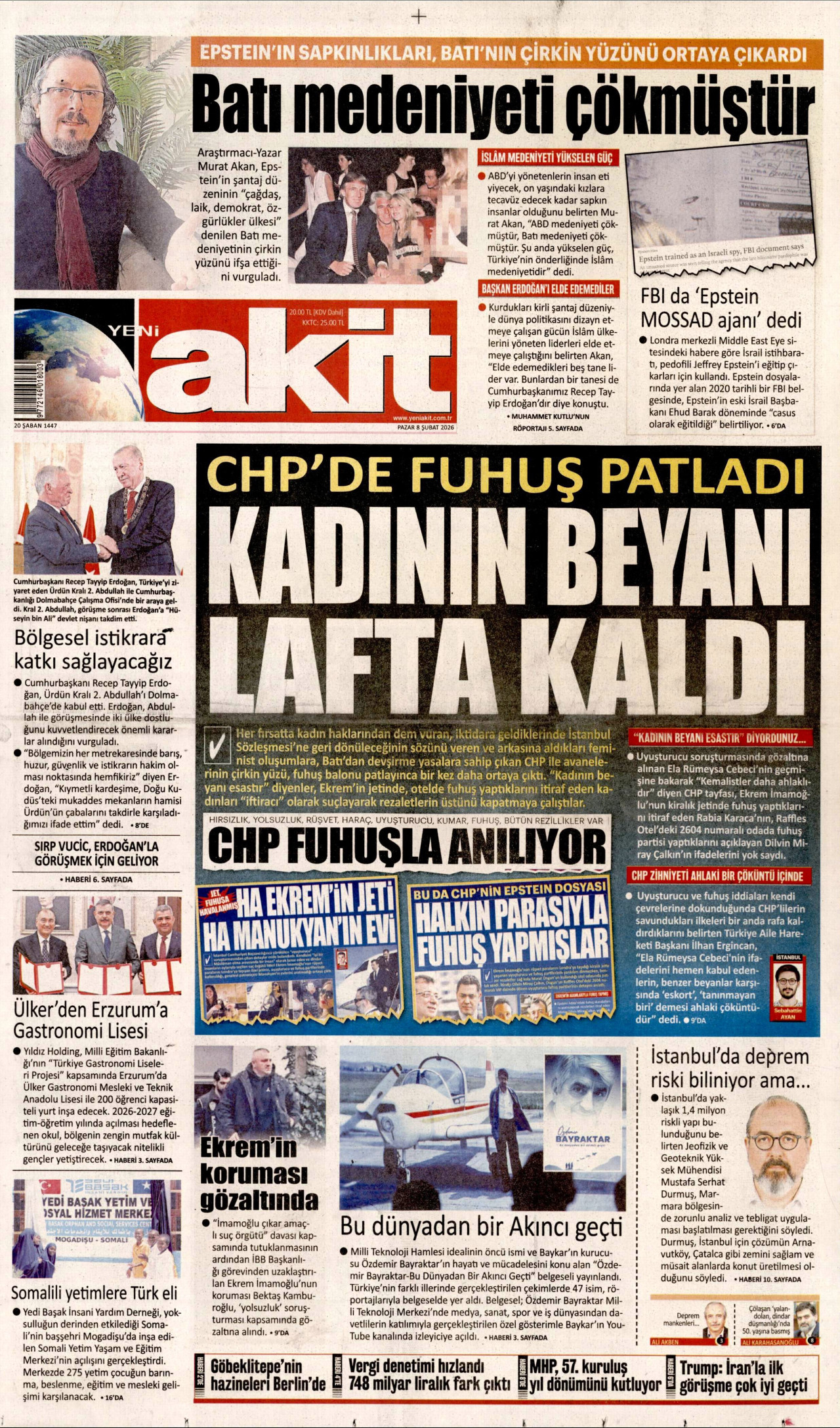 YENİ AKİT gazetesinin 8 Şubat 2026 tarihli birinci sayfası