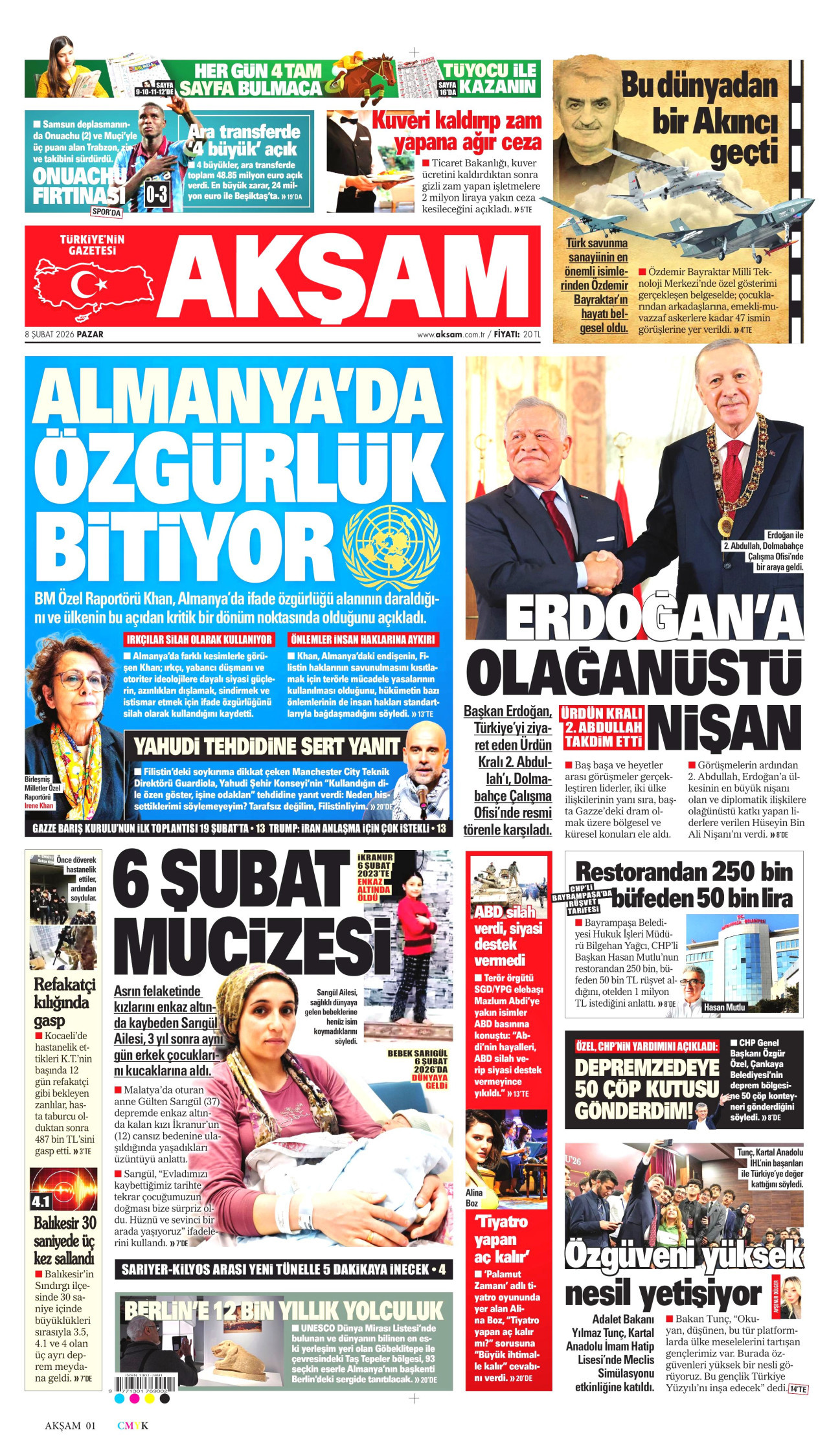 AKŞAM gazetesinin 8 Şubat 2026 tarihli birinci sayfası