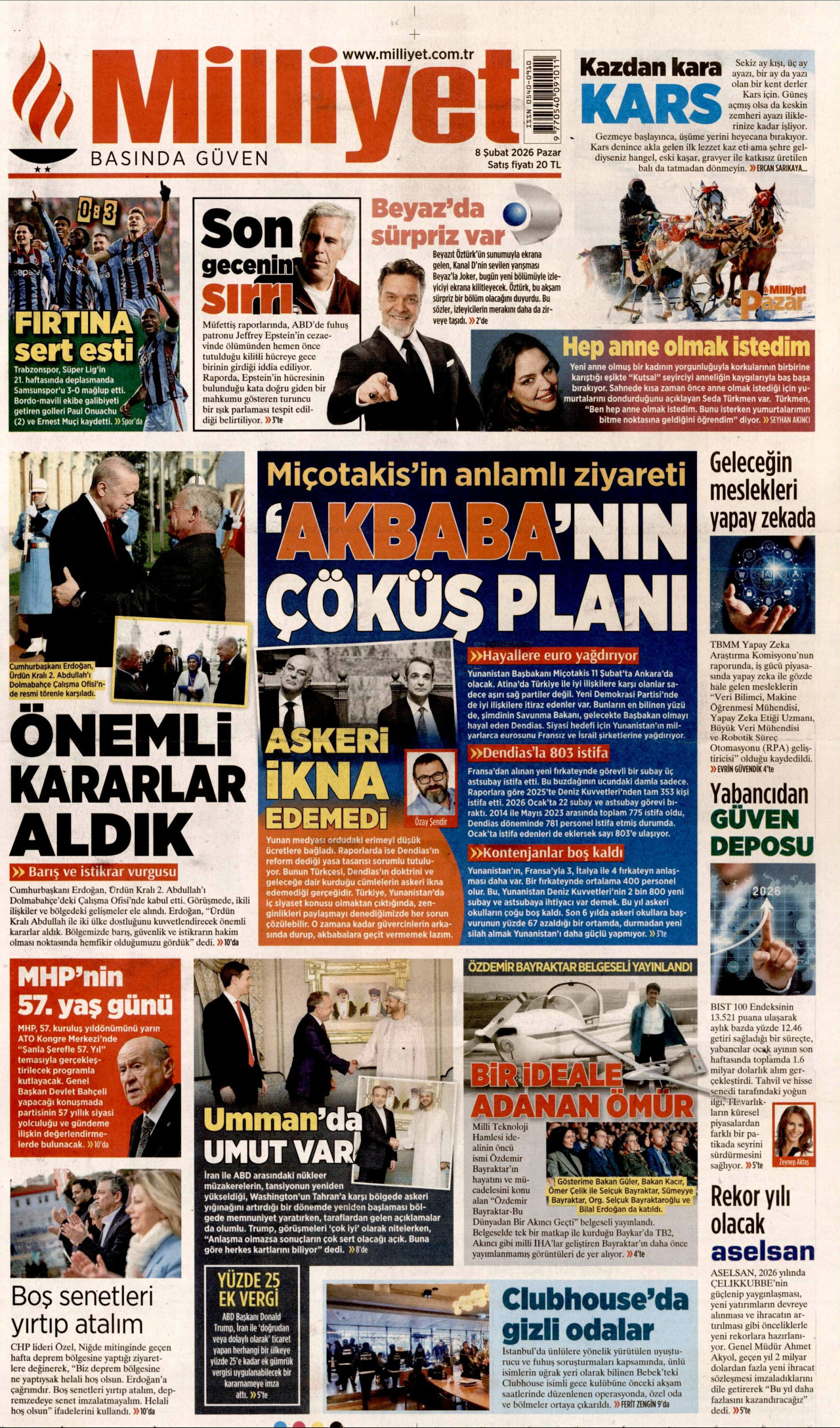 MİLLİYET gazetesinin 8 Şubat 2026 tarihli birinci sayfası