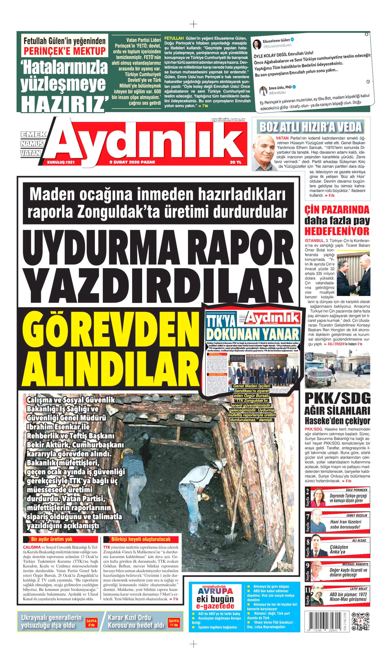 AYDINLIK GAZETESİ gazetesinin 8 Şubat 2026 tarihli birinci sayfası