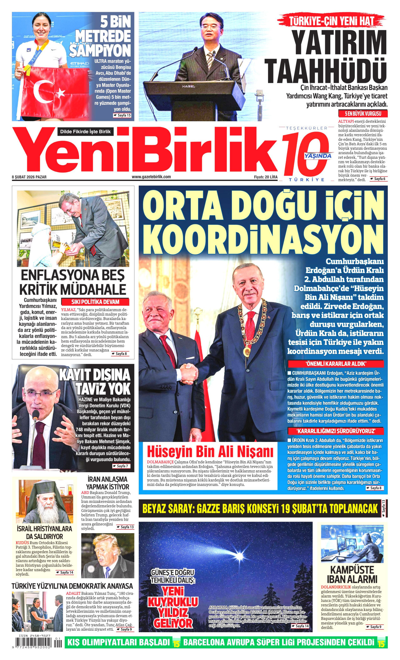 YENİBİRLİK gazetesinin 8 Şubat 2026 tarihli birinci sayfası