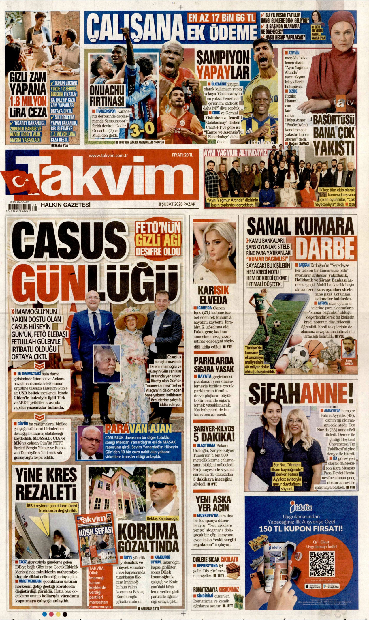 TAKVİM gazetesinin 8 Şubat 2026 tarihli birinci sayfası