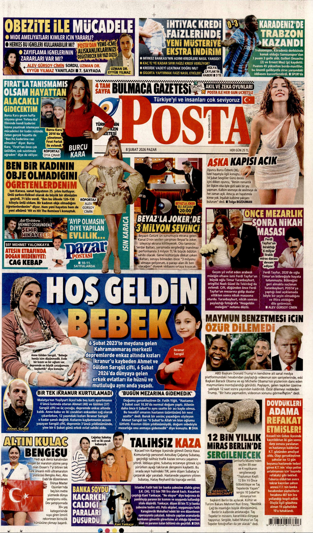 POSTA gazetesinin 8 Şubat 2026 tarihli birinci sayfası