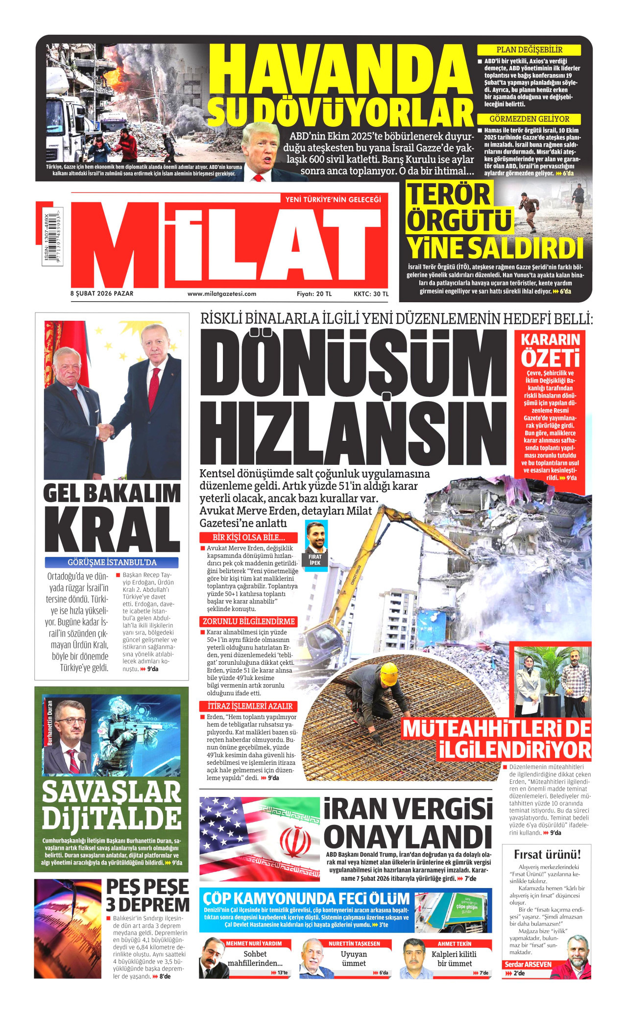 MİLAT gazetesinin 8 Şubat 2026 tarihli birinci sayfası