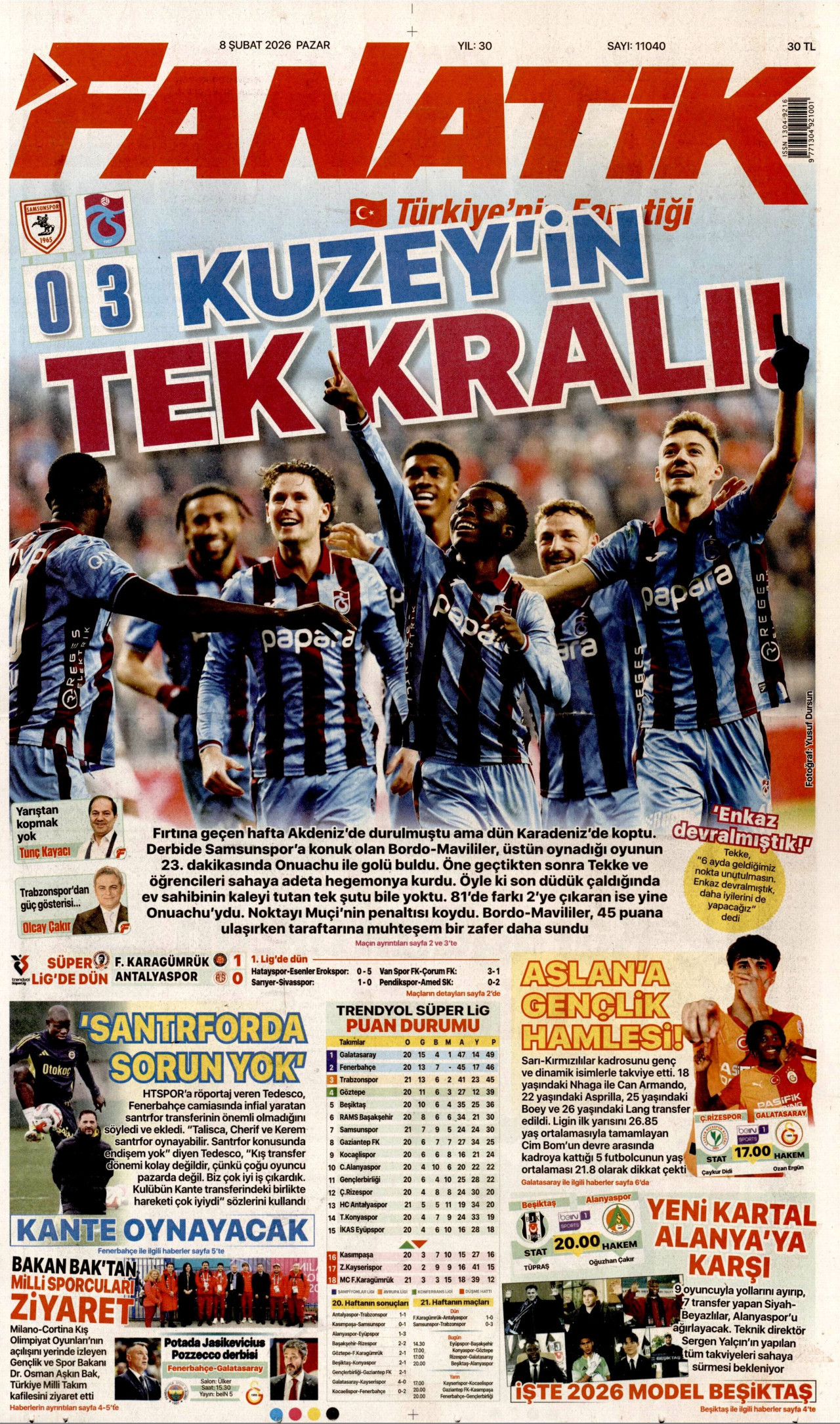 FANATİK gazetesinin 8 Şubat 2026 tarihli birinci sayfası