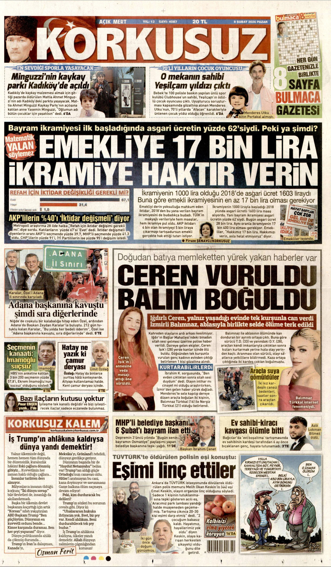 KORKUSUZ gazetesinin 8 Şubat 2026 tarihli birinci sayfası