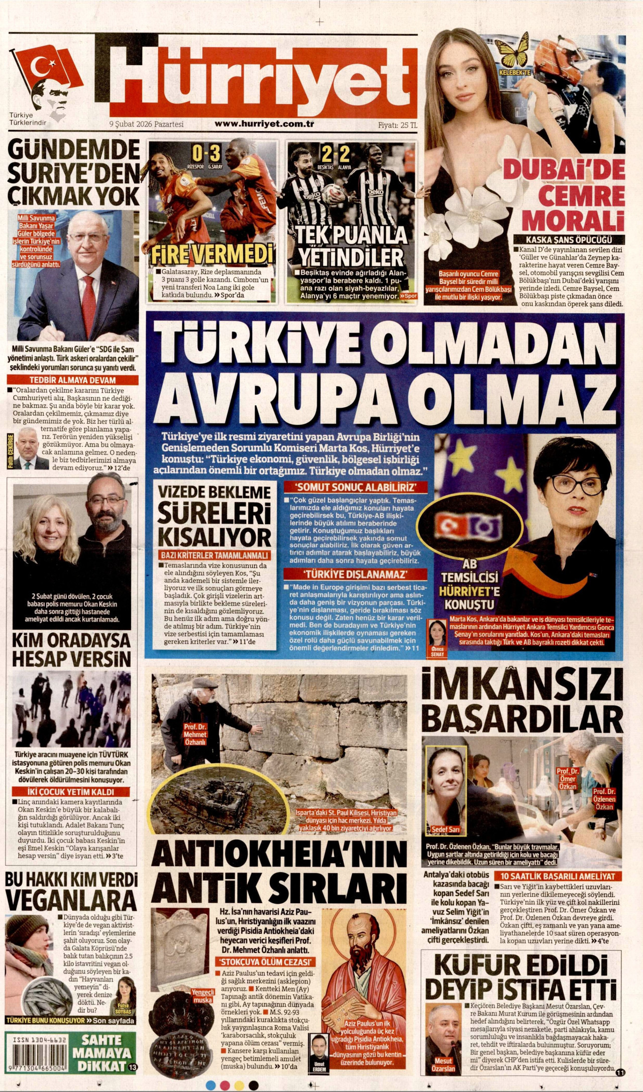 HÜRRİYET gazetesinin 9 Şubat 2026 tarihli birinci sayfası