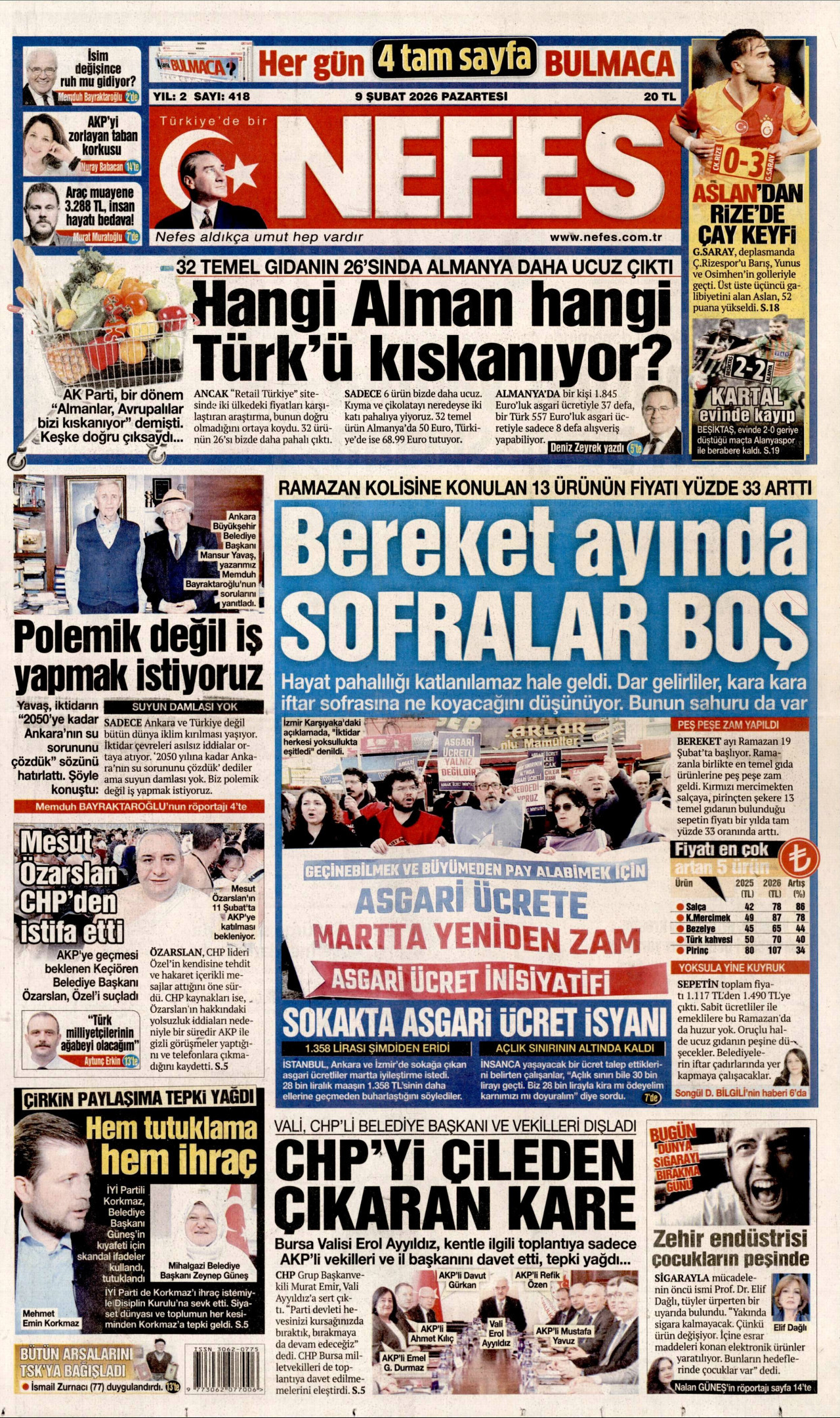 NEFES gazetesinin 9 Şubat 2026 tarihli birinci sayfası