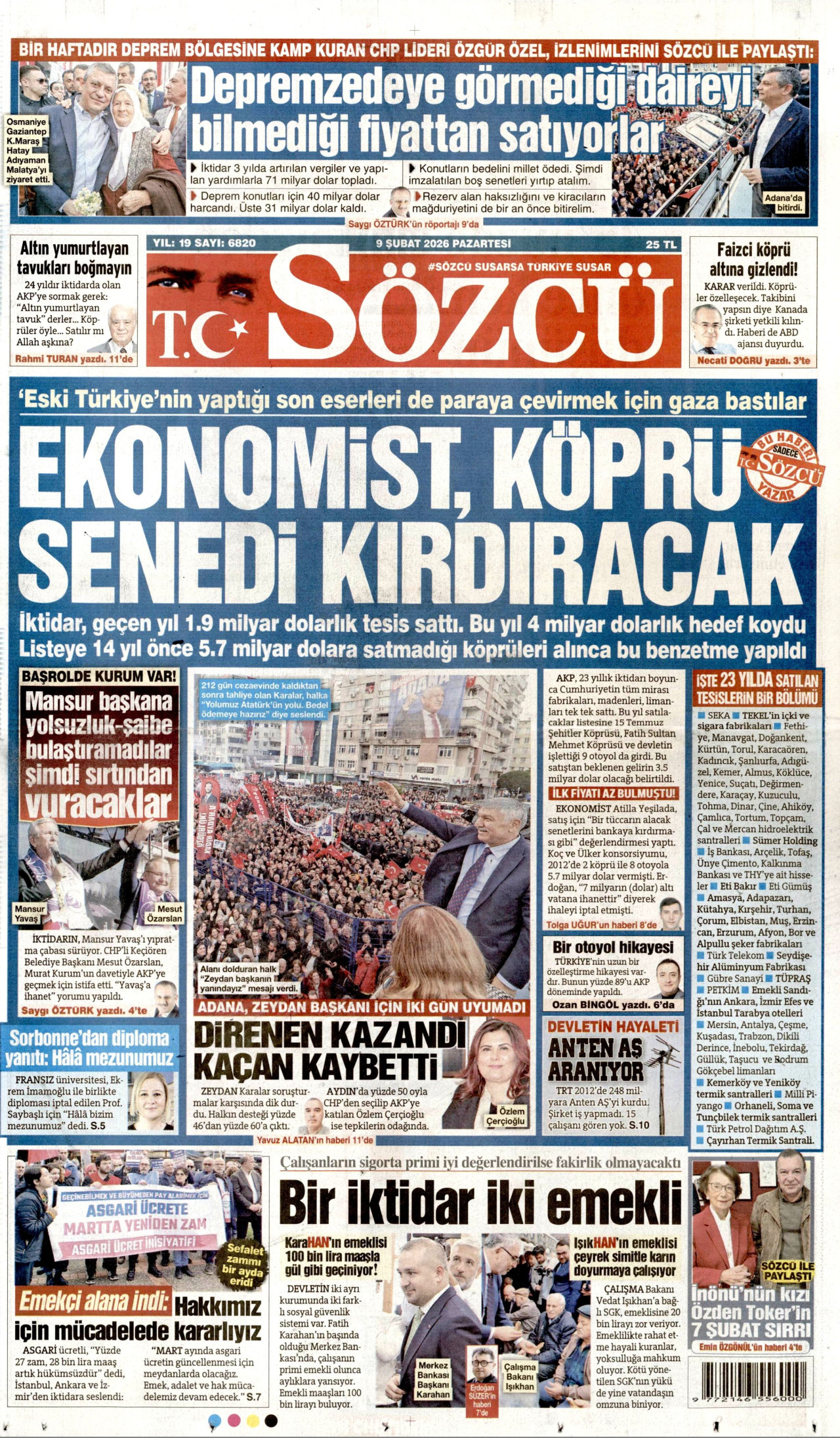 SÖZCÜ gazetesinin 9 Şubat 2026 tarihli birinci sayfası