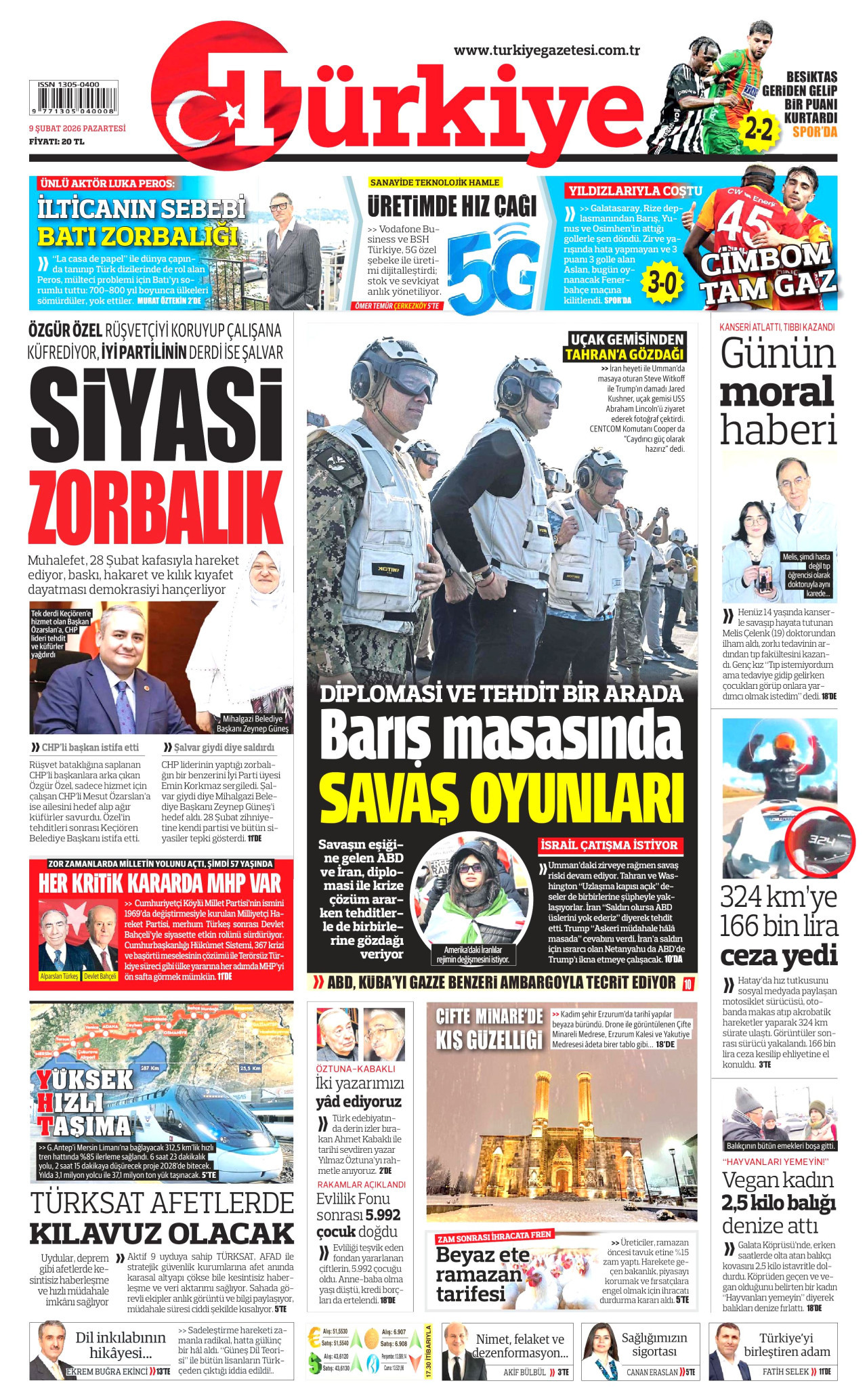 TÜRKİYE GAZETESİ gazetesinin 9 Şubat 2026 tarihli birinci sayfası