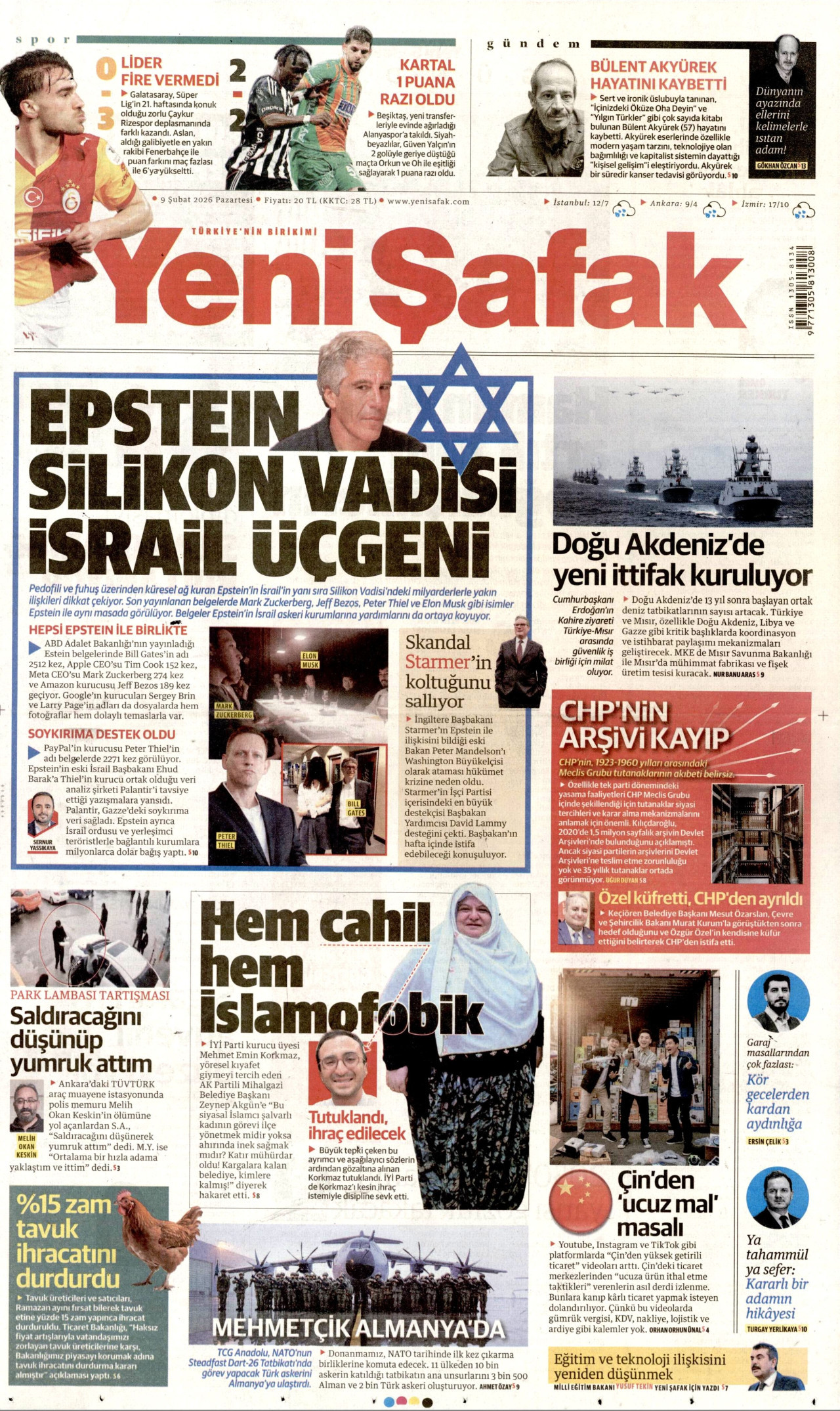 YENİ ŞAFAK gazetesinin 9 Şubat 2026 tarihli birinci sayfası