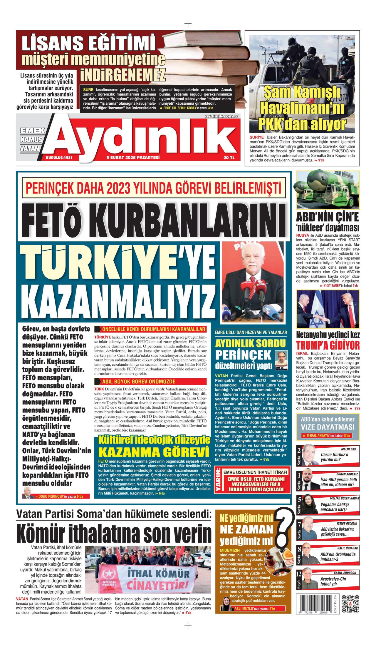 AYDINLIK GAZETESİ gazetesinin 9 Şubat 2026 tarihli birinci sayfası