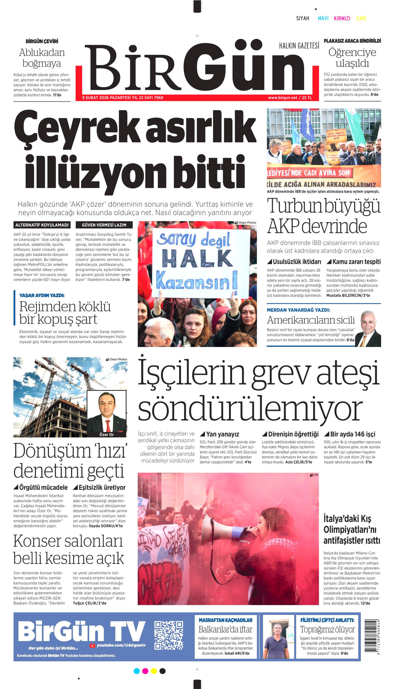 BİRGÜN gazetesinin 9 Şubat 2026 tarihli birinci sayfası