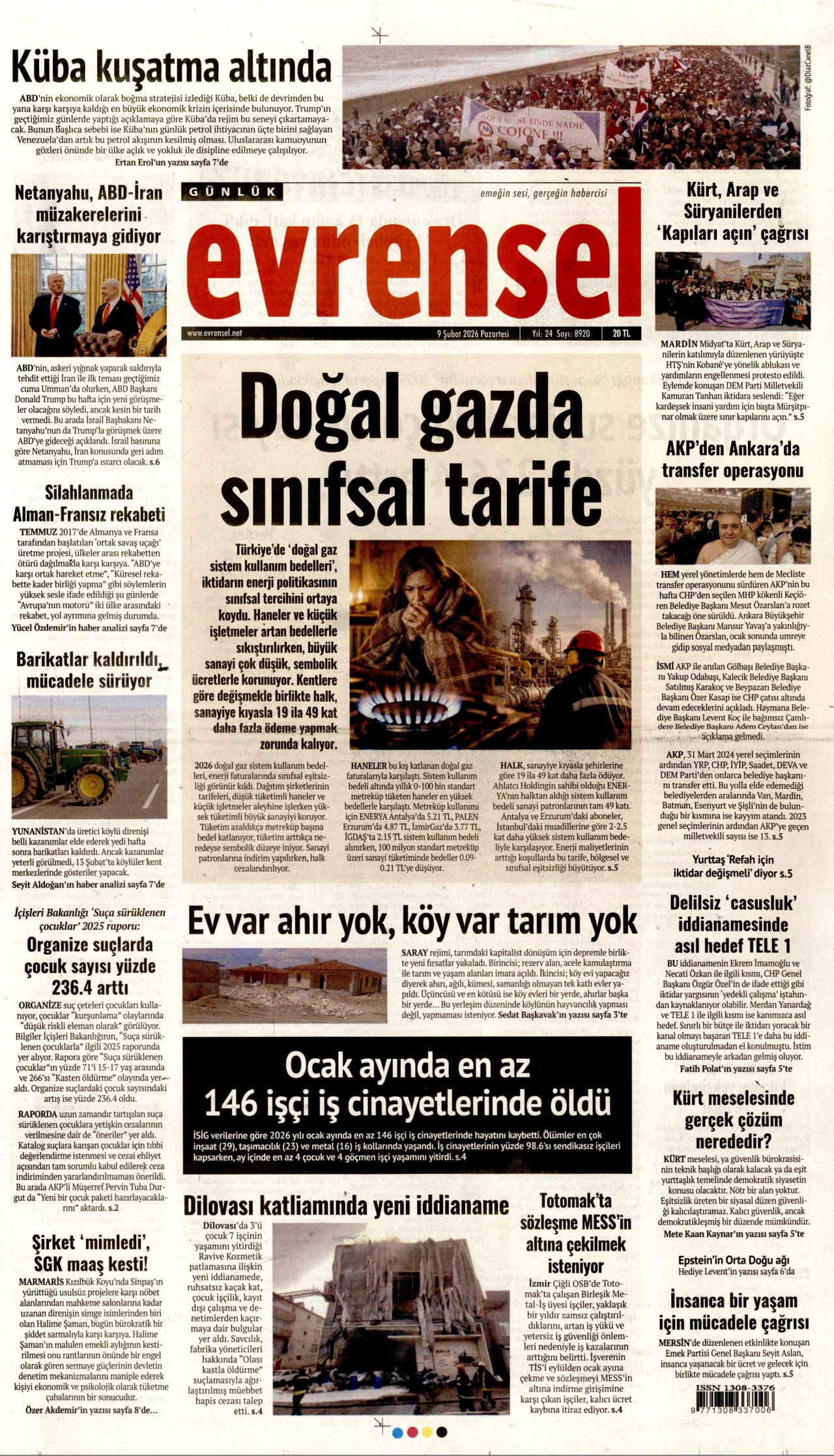 EVRENSEL gazetesinin 9 Şubat 2026 tarihli birinci sayfası