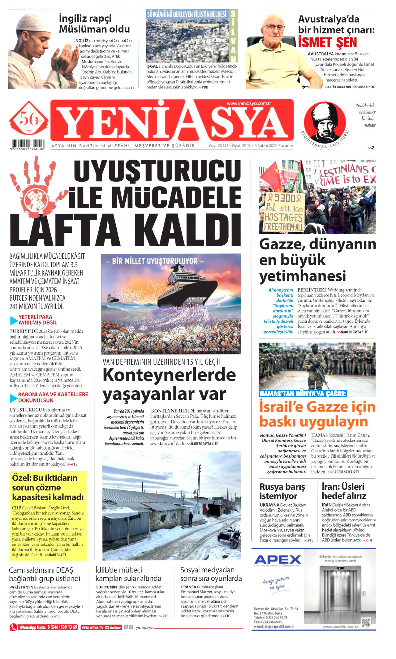 YENİ ASYA gazetesinin 9 Şubat 2026 tarihli birinci sayfası