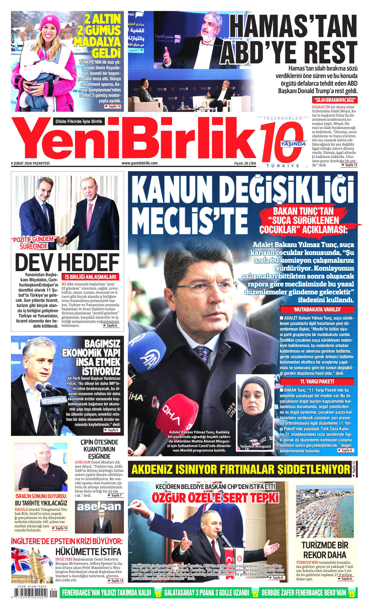 YENİBİRLİK gazetesinin 9 Şubat 2026 tarihli birinci sayfası