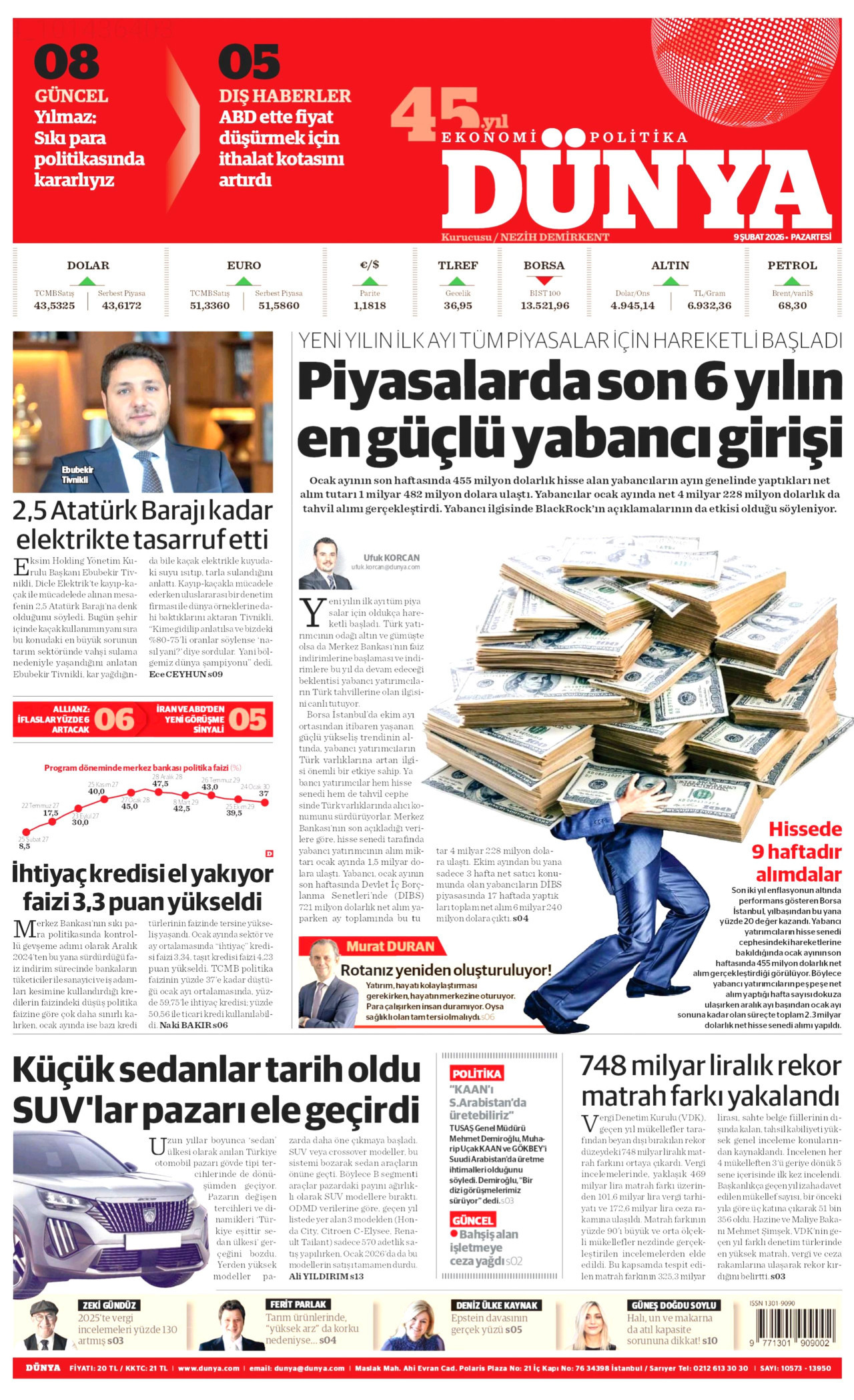DÜNYA gazetesinin 9 Şubat 2026 tarihli birinci sayfası