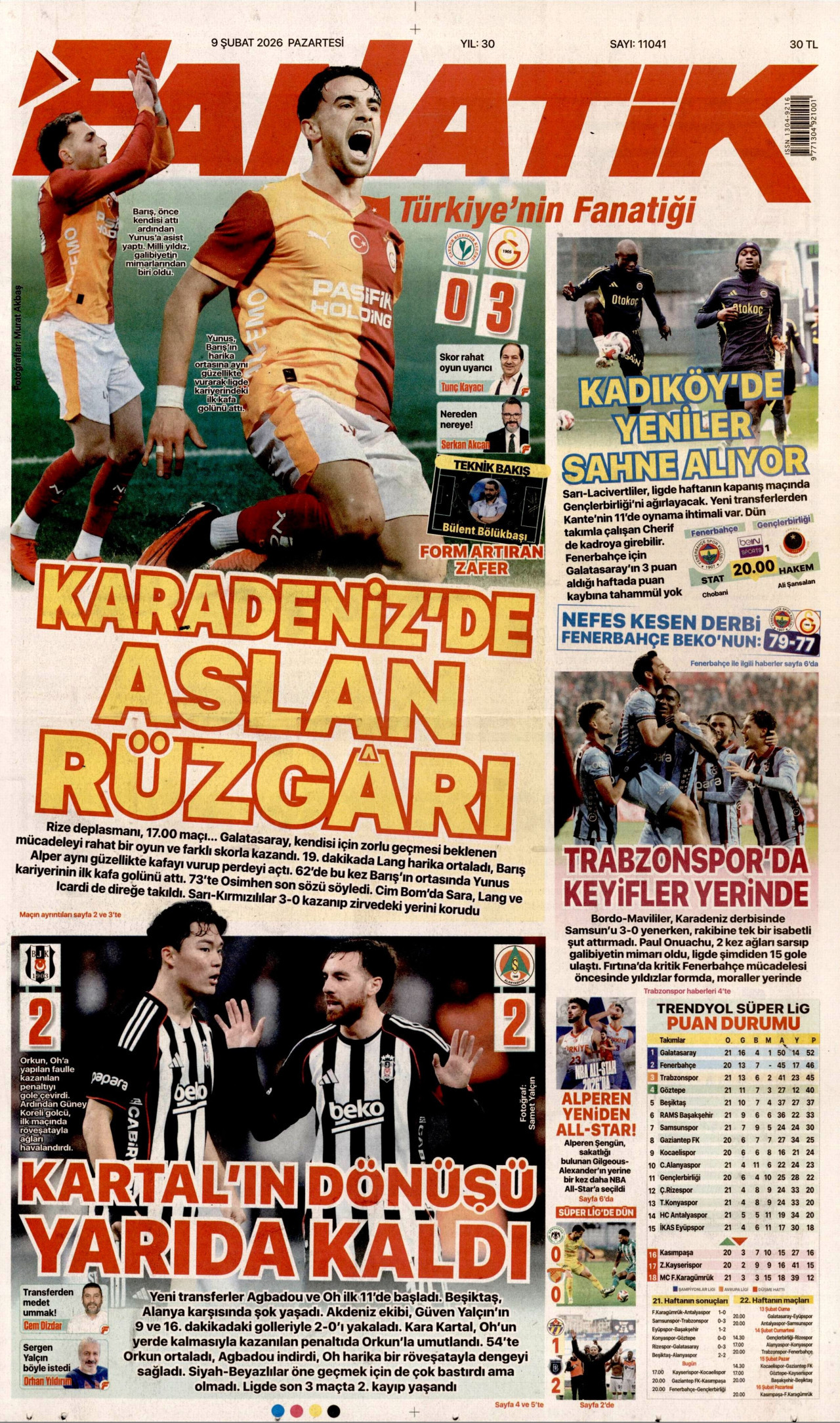 FANATİK gazetesinin 9 Şubat 2026 tarihli birinci sayfası