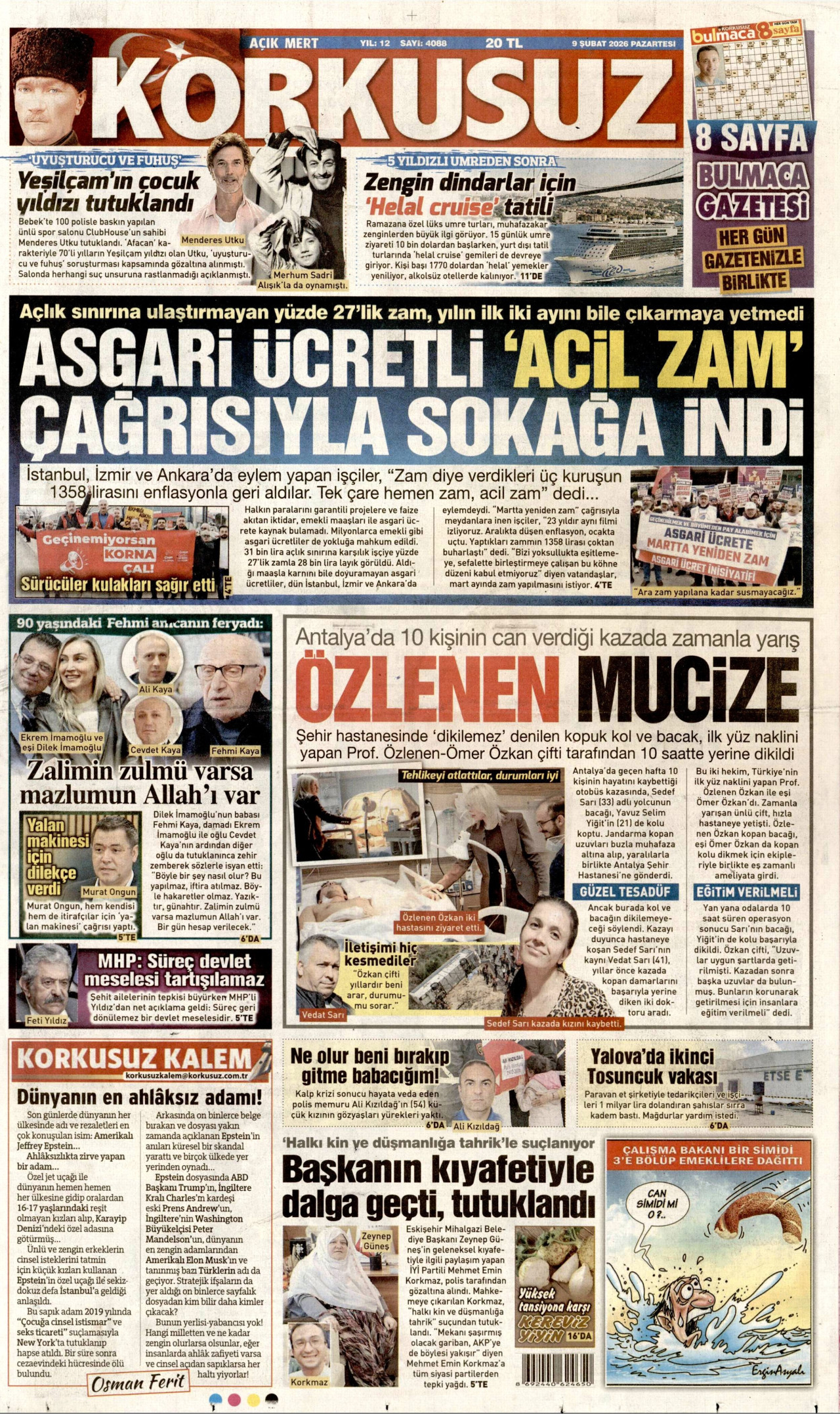 KORKUSUZ gazetesinin 9 Şubat 2026 tarihli birinci sayfası