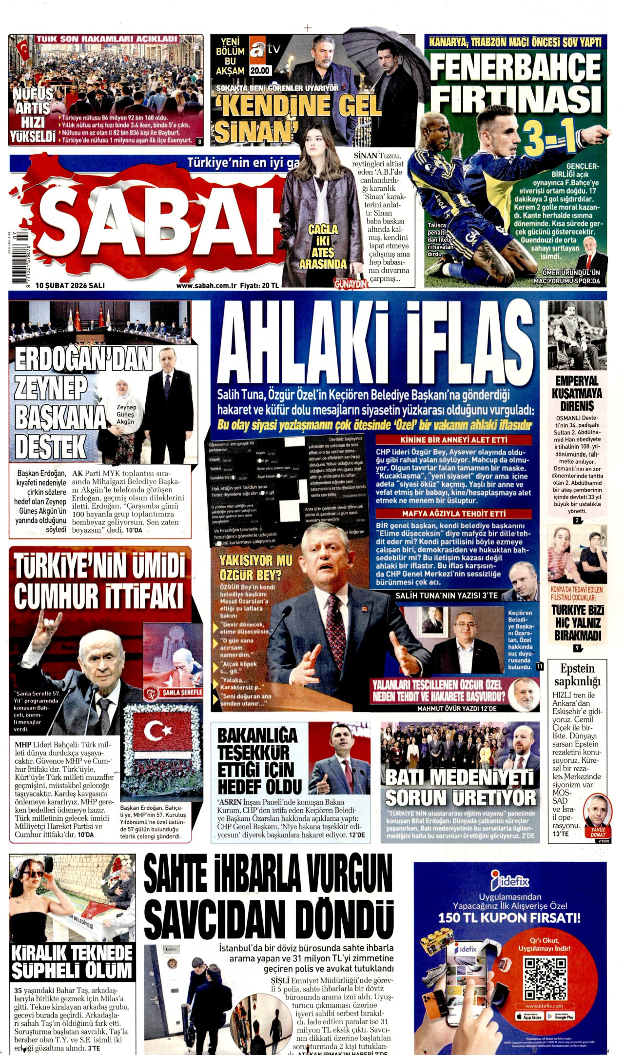 SABAH gazetesinin 10 Şubat 2026 tarihli birinci sayfası