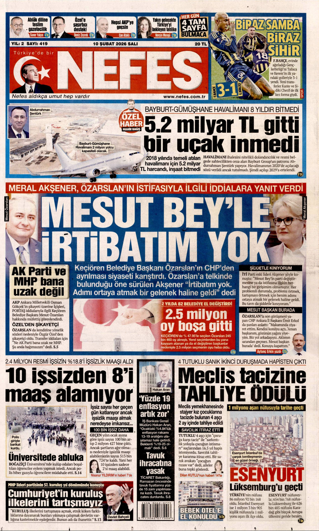 NEFES gazetesinin 10 Şubat 2026 tarihli birinci sayfası