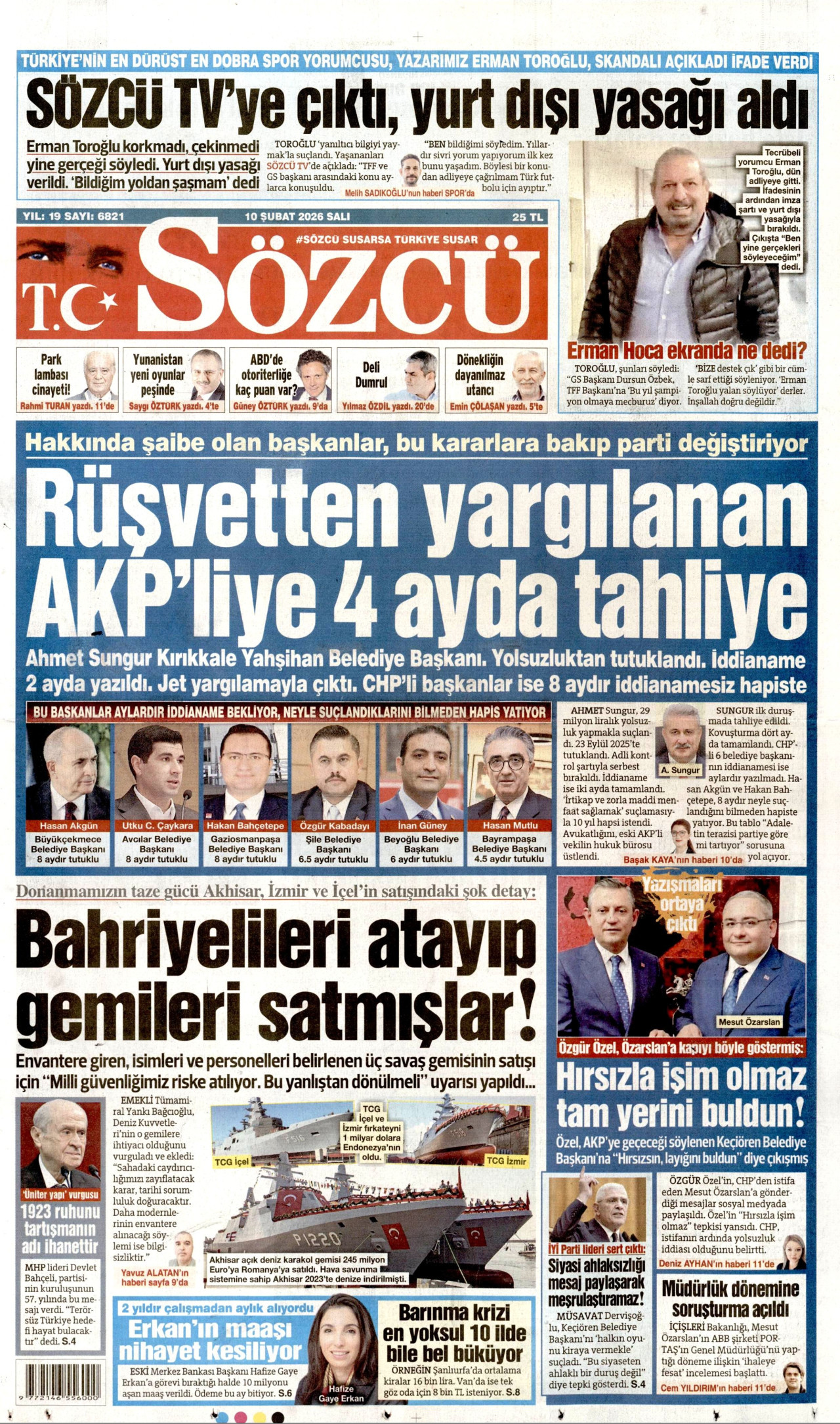 SÖZCÜ gazetesinin 10 Şubat 2026 tarihli birinci sayfası