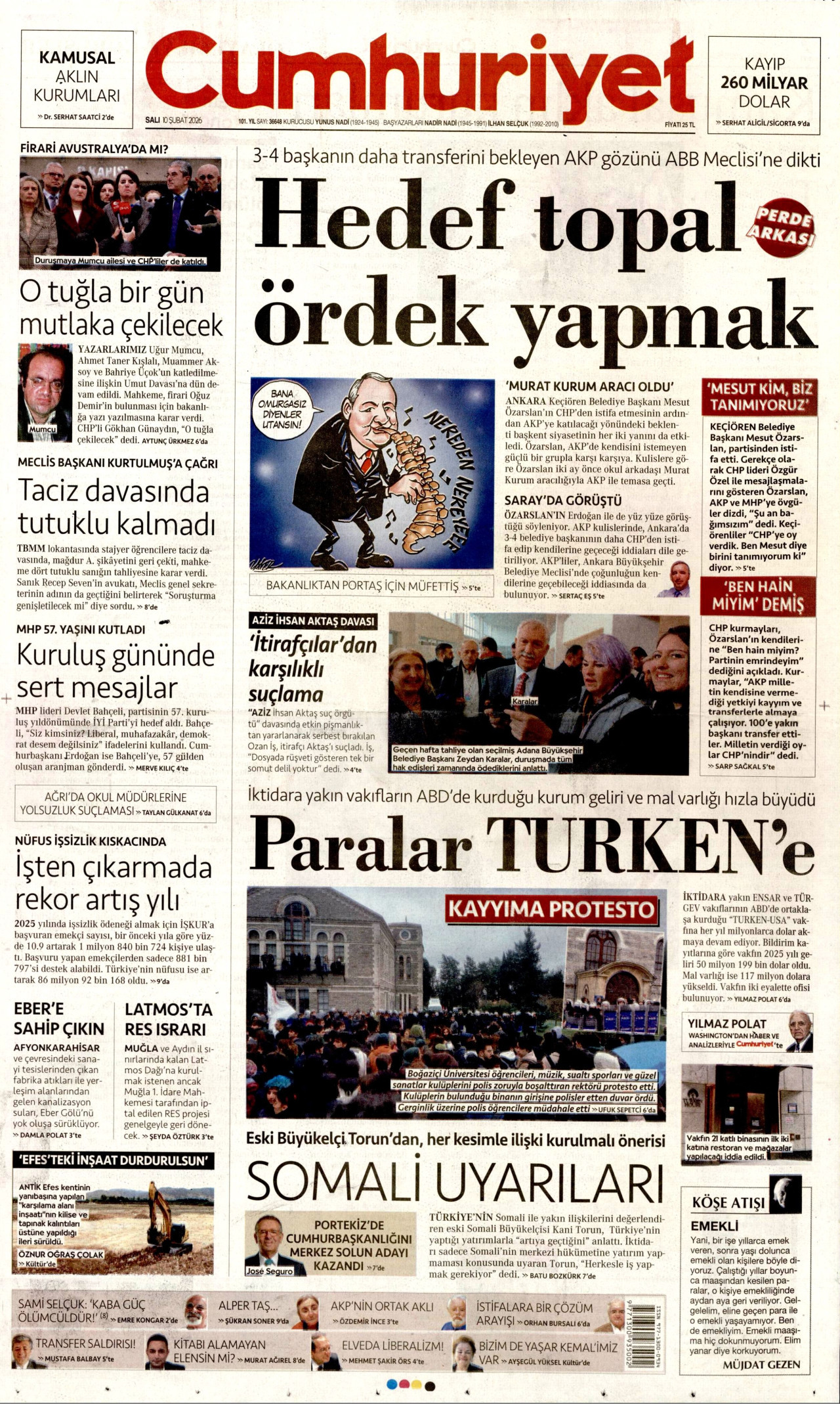 CUMHURİYET gazetesinin 10 Şubat 2026 tarihli birinci sayfası
