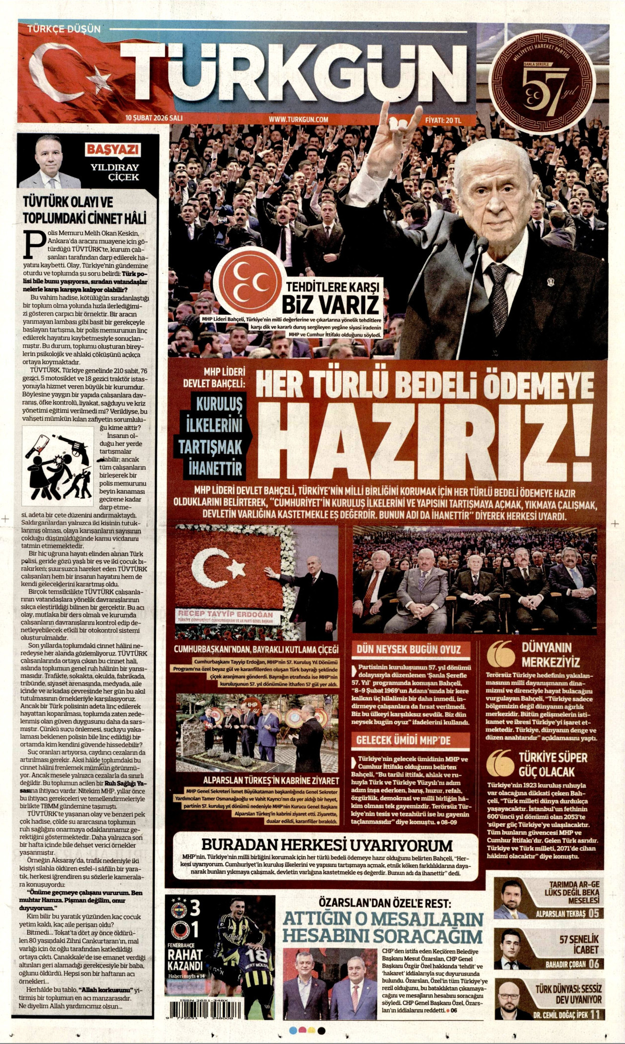 TÜRKGÜN gazetesinin 10 Şubat 2026 tarihli birinci sayfası