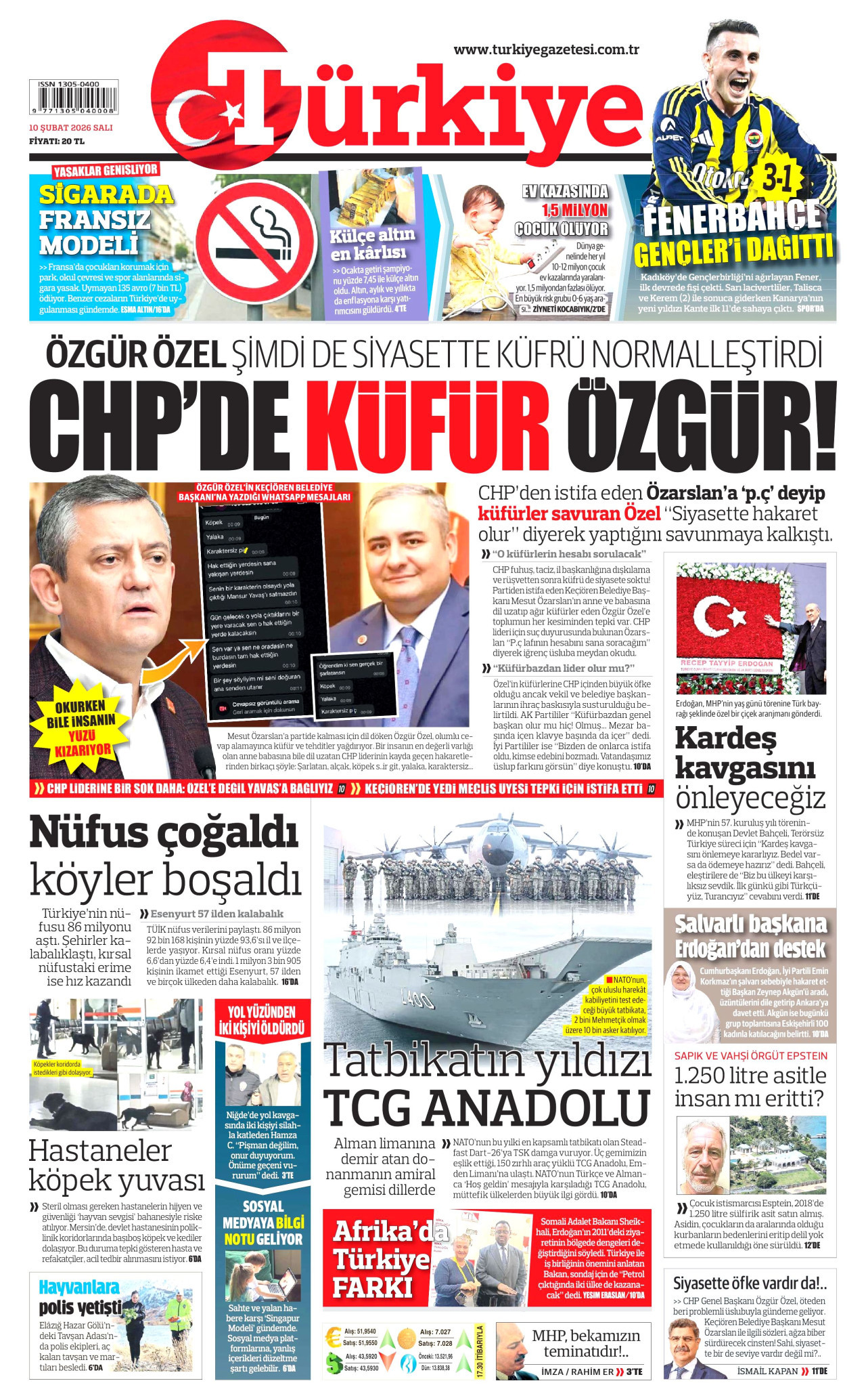 TÜRKİYE GAZETESİ gazetesinin 10 Şubat 2026 tarihli birinci sayfası