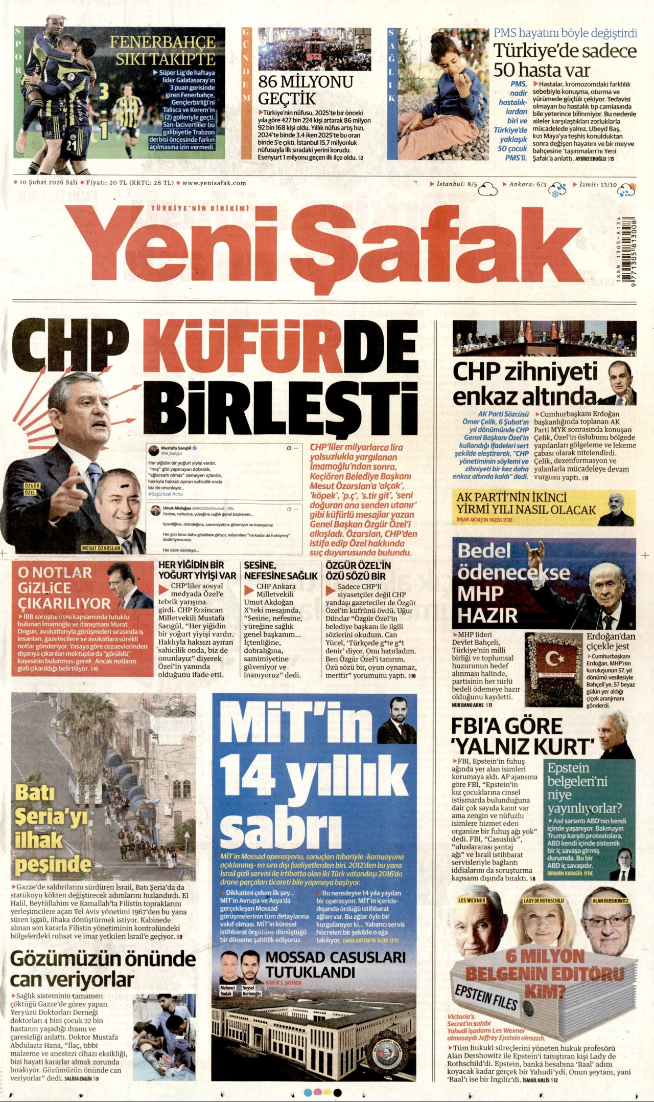 YENİ ŞAFAK gazetesinin 10 Şubat 2026 tarihli birinci sayfası