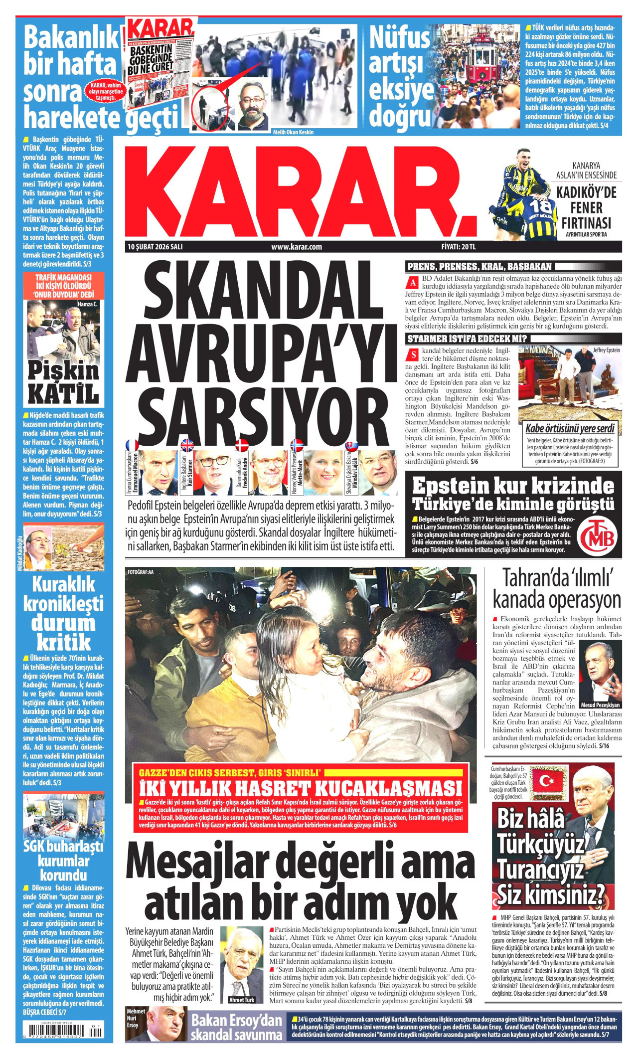 KARAR gazetesinin 10 Şubat 2026 tarihli birinci sayfası