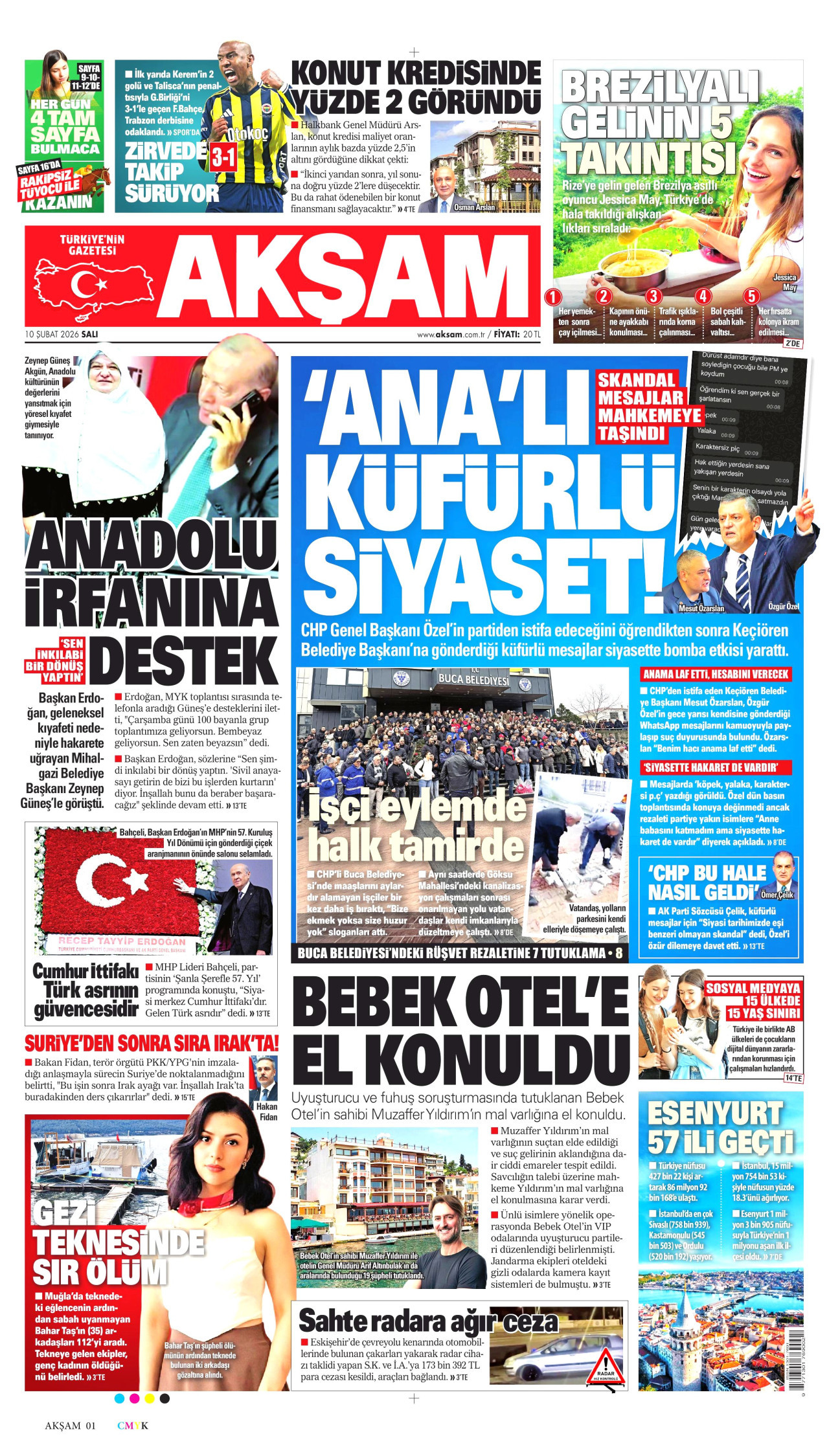 AKŞAM gazetesinin 10 Şubat 2026 tarihli birinci sayfası