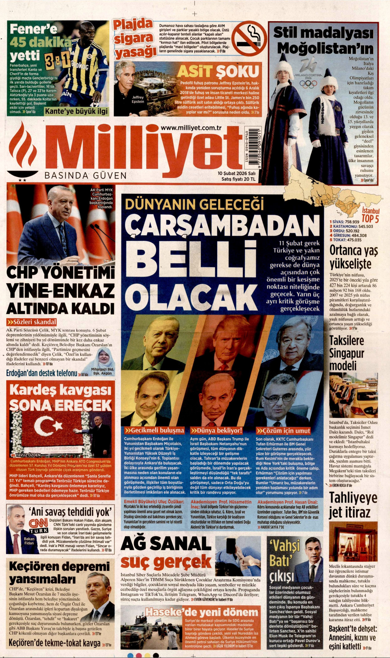 MİLLİYET gazetesinin 10 Şubat 2026 tarihli birinci sayfası