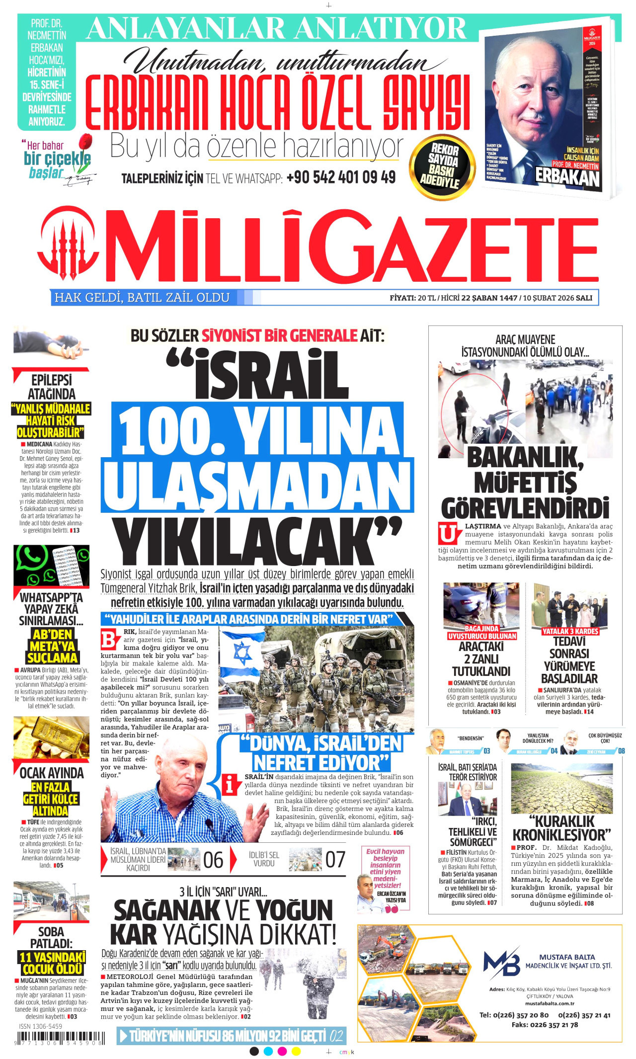 MİLLİ GAZETE gazetesinin 10 Şubat 2026 tarihli birinci sayfası
