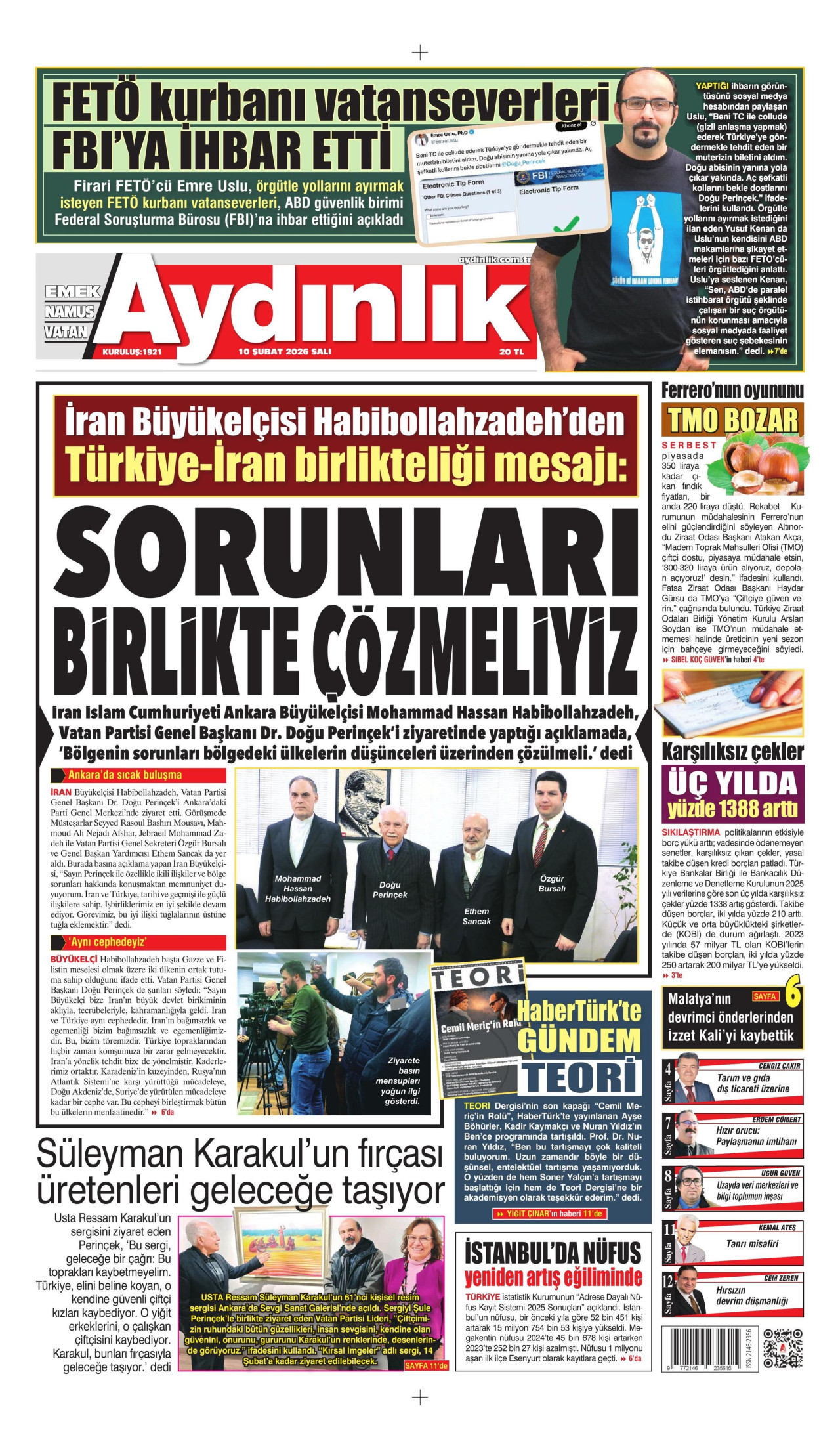AYDINLIK GAZETESİ gazetesinin 10 Şubat 2026 tarihli birinci sayfası