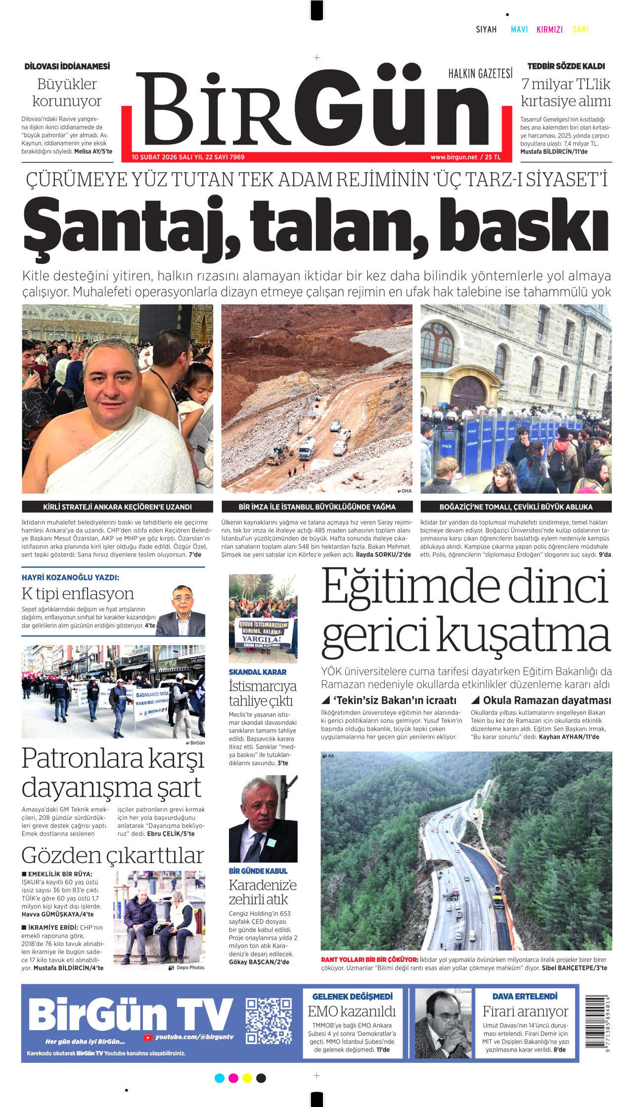 BİRGÜN gazetesinin 10 Şubat 2026 tarihli birinci sayfası