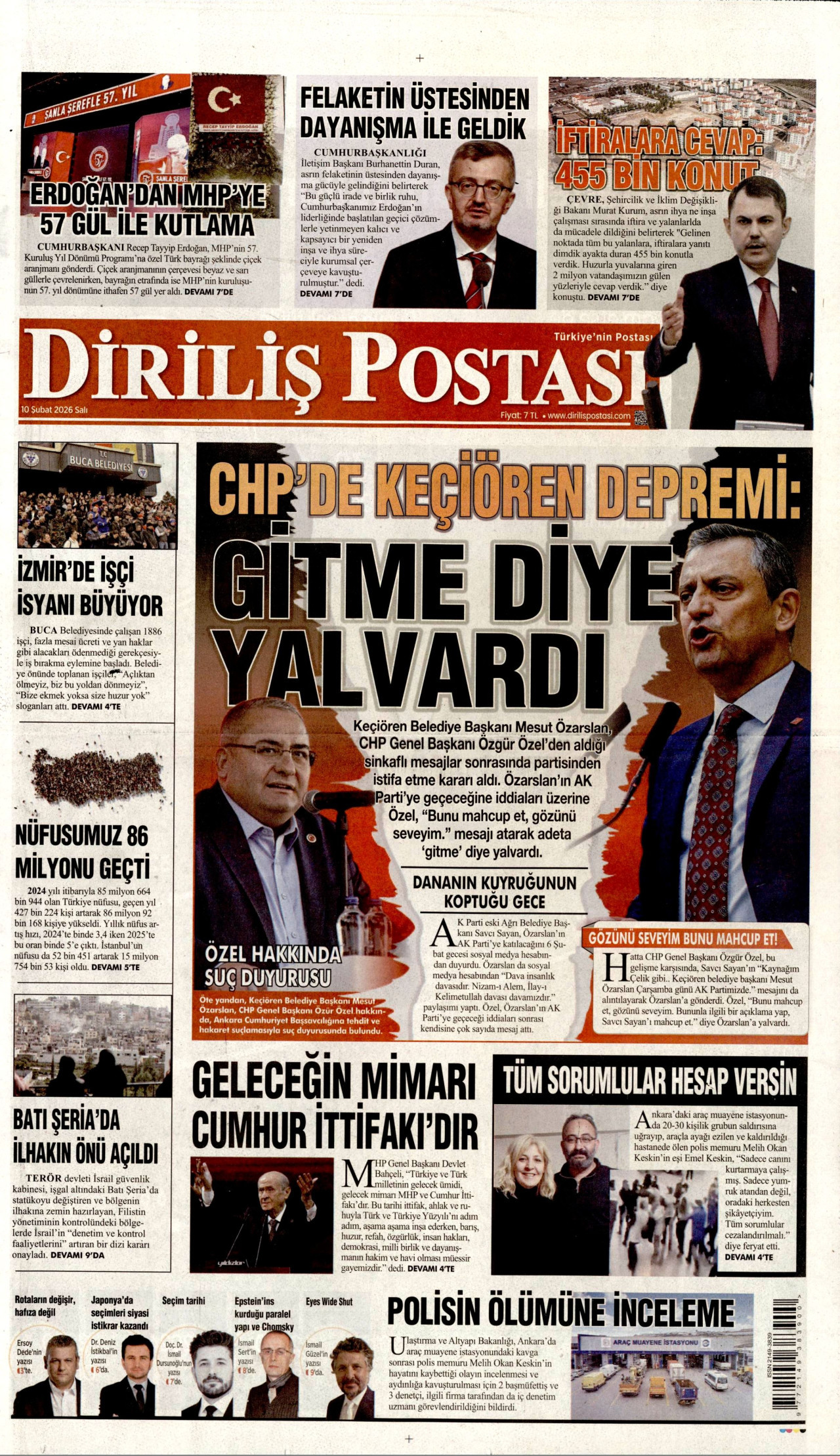 DİRİLİŞ POSTASI gazetesinin 10 Şubat 2026 tarihli birinci sayfası
