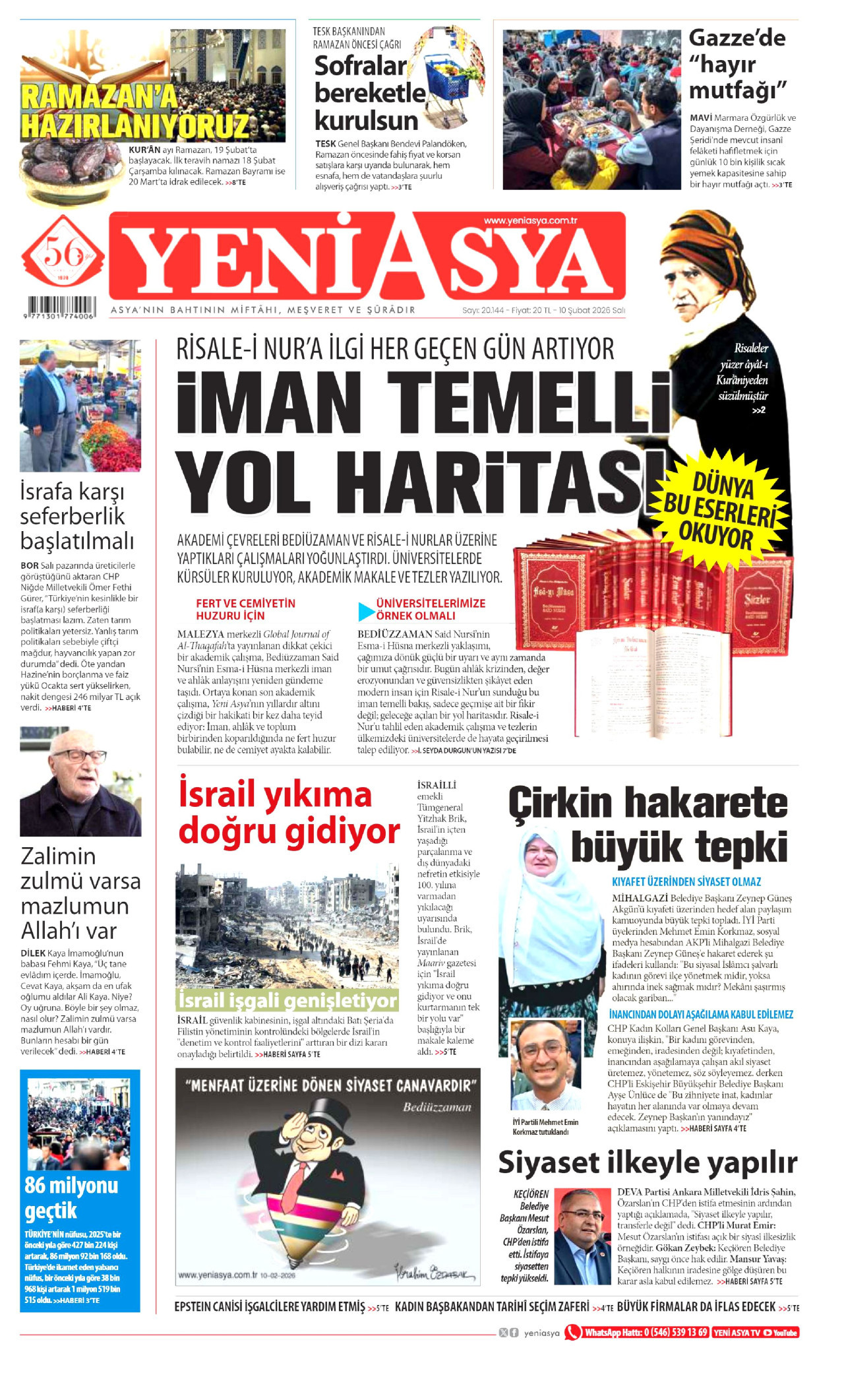 YENİ ASYA gazetesinin 10 Şubat 2026 tarihli birinci sayfası