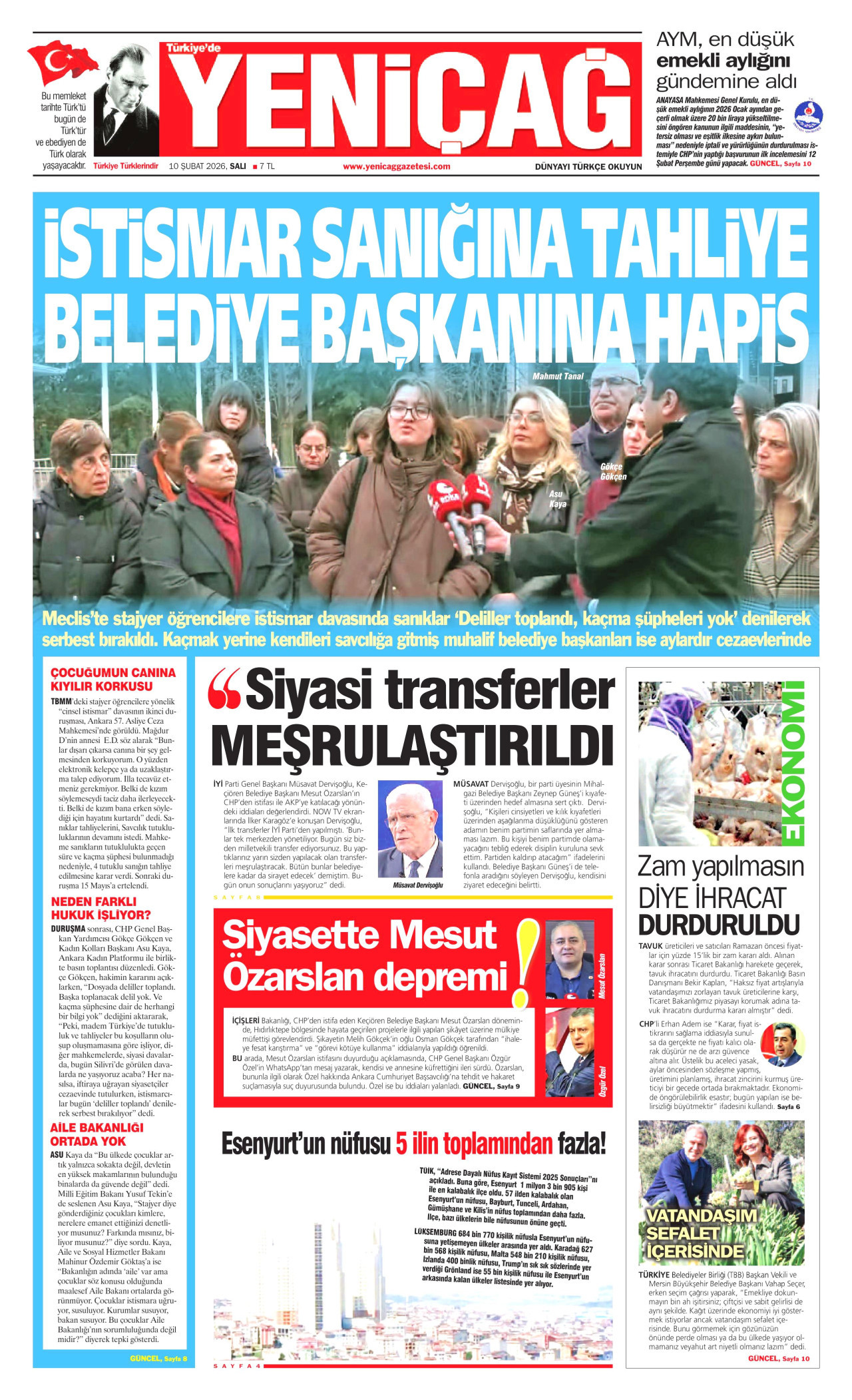 YENİÇAĞ gazetesinin 10 Şubat 2026 tarihli birinci sayfası