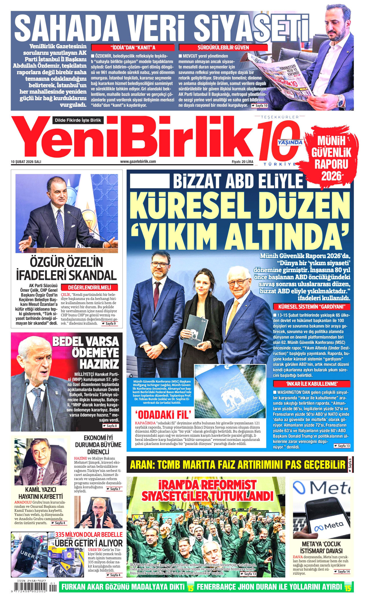 YENİBİRLİK gazetesinin 10 Şubat 2026 tarihli birinci sayfası